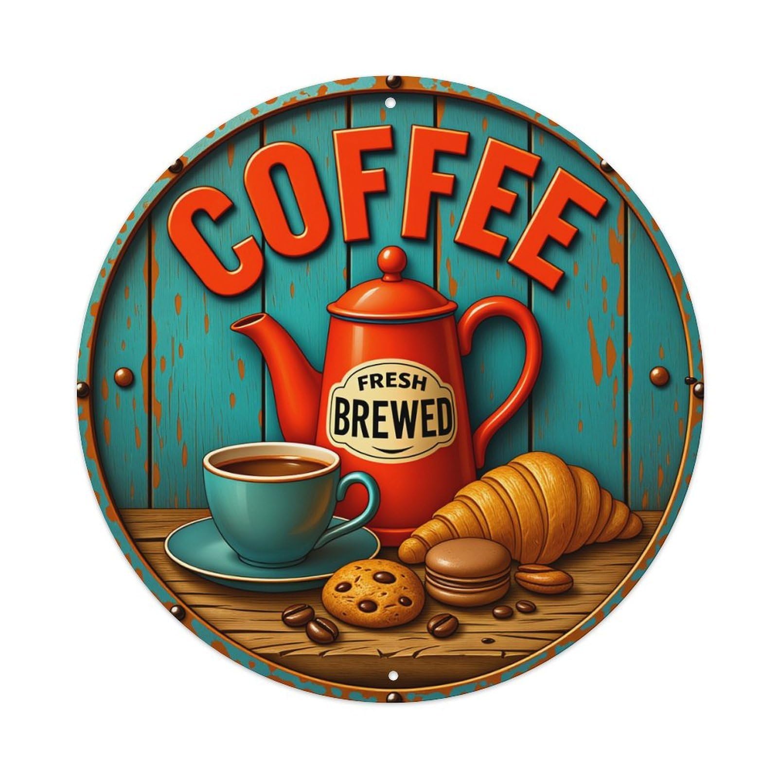 Coffee Fresh Brewed Teapot Cup Croissant Metal Tin Sign Vintage Garden Bedroom Cafe Bar Man Cave Home Wall Decor Metal Poster 8x8 inches