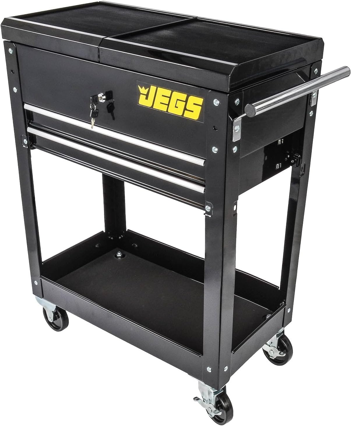 JEGS Heavy-Duty Tool Box Cart | 220 LBS Capacity | Uses Four 4� Caster Wheels | Includes 2 Keyes and 6 Drawer Liners | Black with JEGS Logo | 2 Locking Drawers | Sliding Top