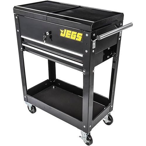 JEGS Heavy-Duty Tool Box Cart | 220 LBS Capacity | Uses Four 4� Caster Wheels | Includes 2 Keyes and 6 Drawer Liners | Black with JEGS Logo | 2 Locking Drawers | Sliding Top
