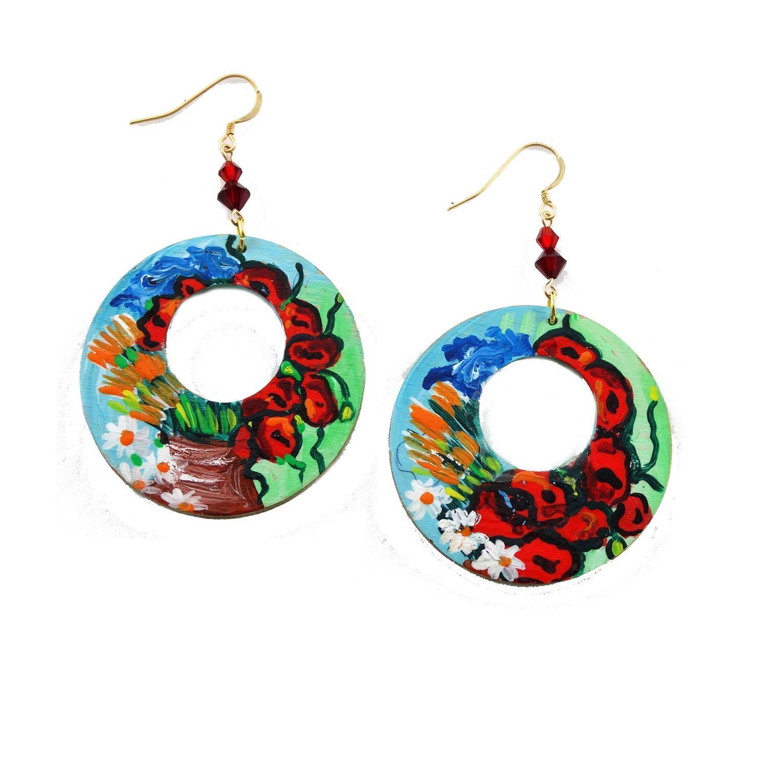 Boucles d'oreilles peintes à la main - VASE AVEC COQUELICOTS ET AUTRES FLEURS SAUVAGES TABLEAU CÉLÈBRE - Boucles d'oreilles pour femmes, Bijoux en bois peint, Crochet en argent, Fabriqué en Italie