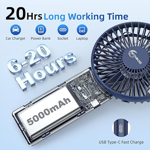 Miniatura 5 de Súper delgado ventilador de mano portátil, flujo de aire fuerte mejorado 2025, 20 horas de funcionamiento, 5000 mAh, plegable en 180, 5 velocidades,