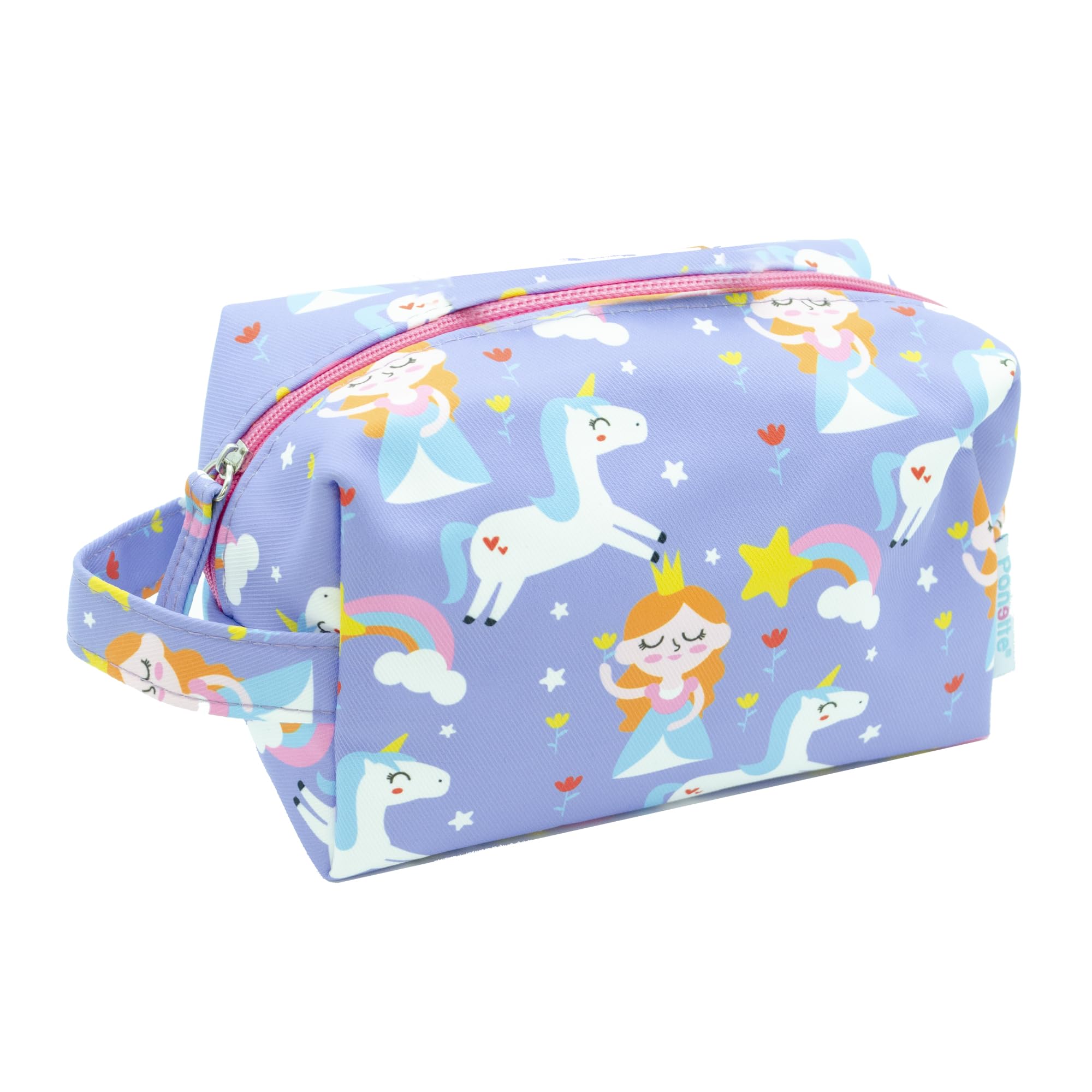 PONETTE - Neceser Infantil en Tejido Violeta con Estampado de Princesas, Unicornios, Arcoíris, Estrellas y Flores, Niño, Niña, Viaje, Estuche, Bolsa, Piscina, Colegio, Campamento, Marca Española