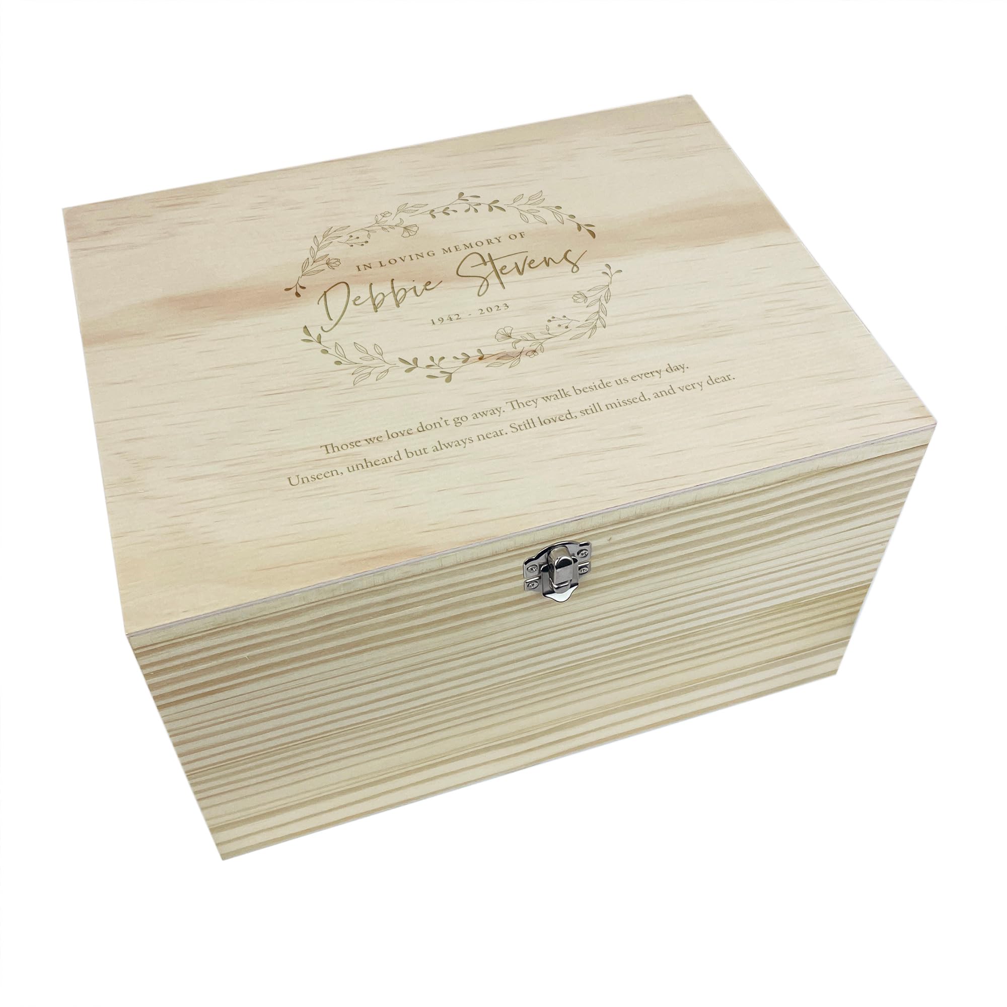 The Lovely Keepsake Company Brown Personalised Wooden Engraved Memorial Wreath Keepsake Memory Box | Customizable Remembrance Bereavement Gift | Metal Hinges And Clasp | Custom Name, Date And Verse | W16cm X D11cm X H9cm