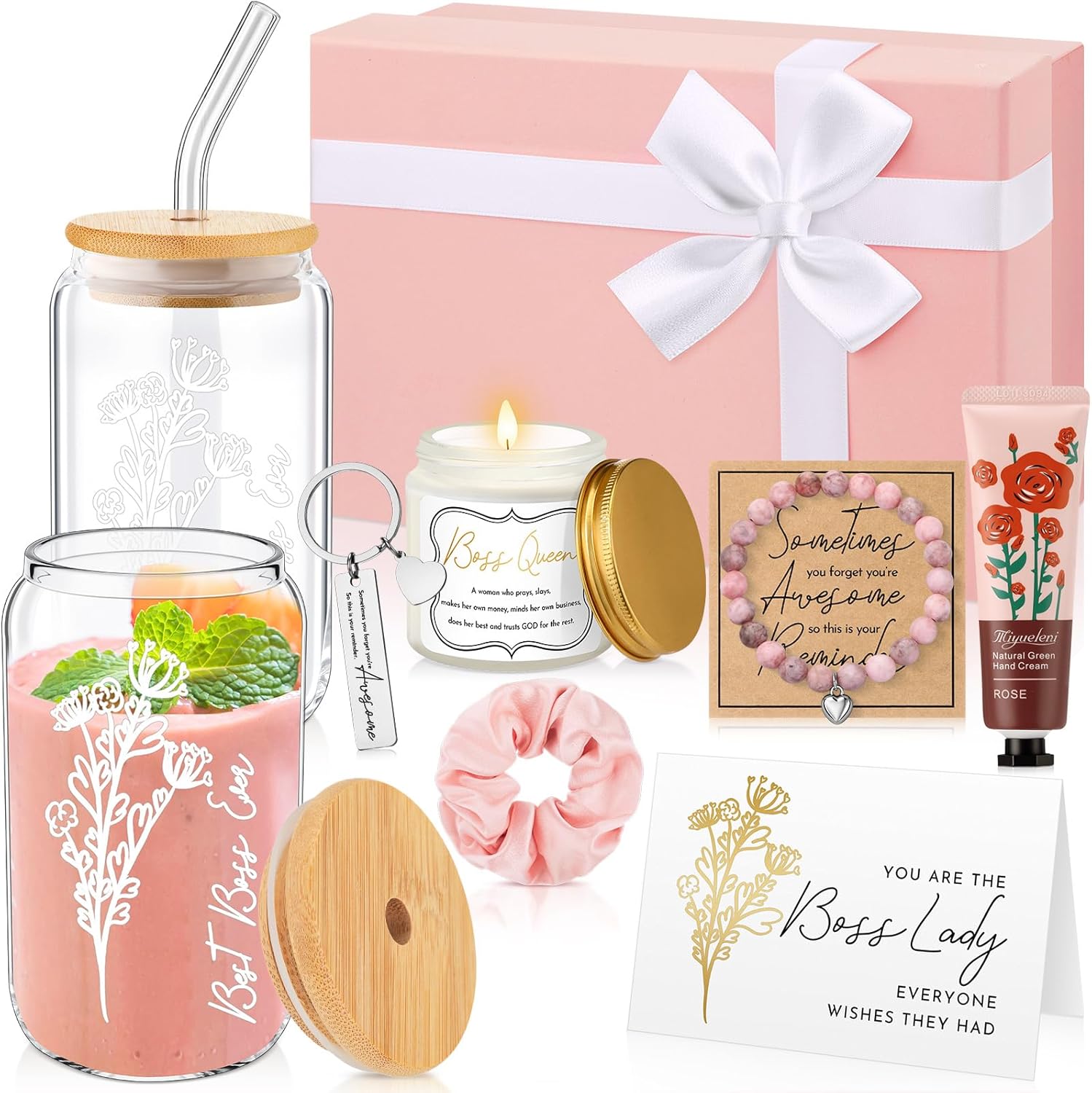 Teenyyou 10 Pcs Boss Lady Gifts Best Boss Appreciation Gift Set for Her with Tumbler Candle Bracelet Hand Cream Keychain Hair Tie Card Box for Office Lady Leader Coworker Women(Purple)