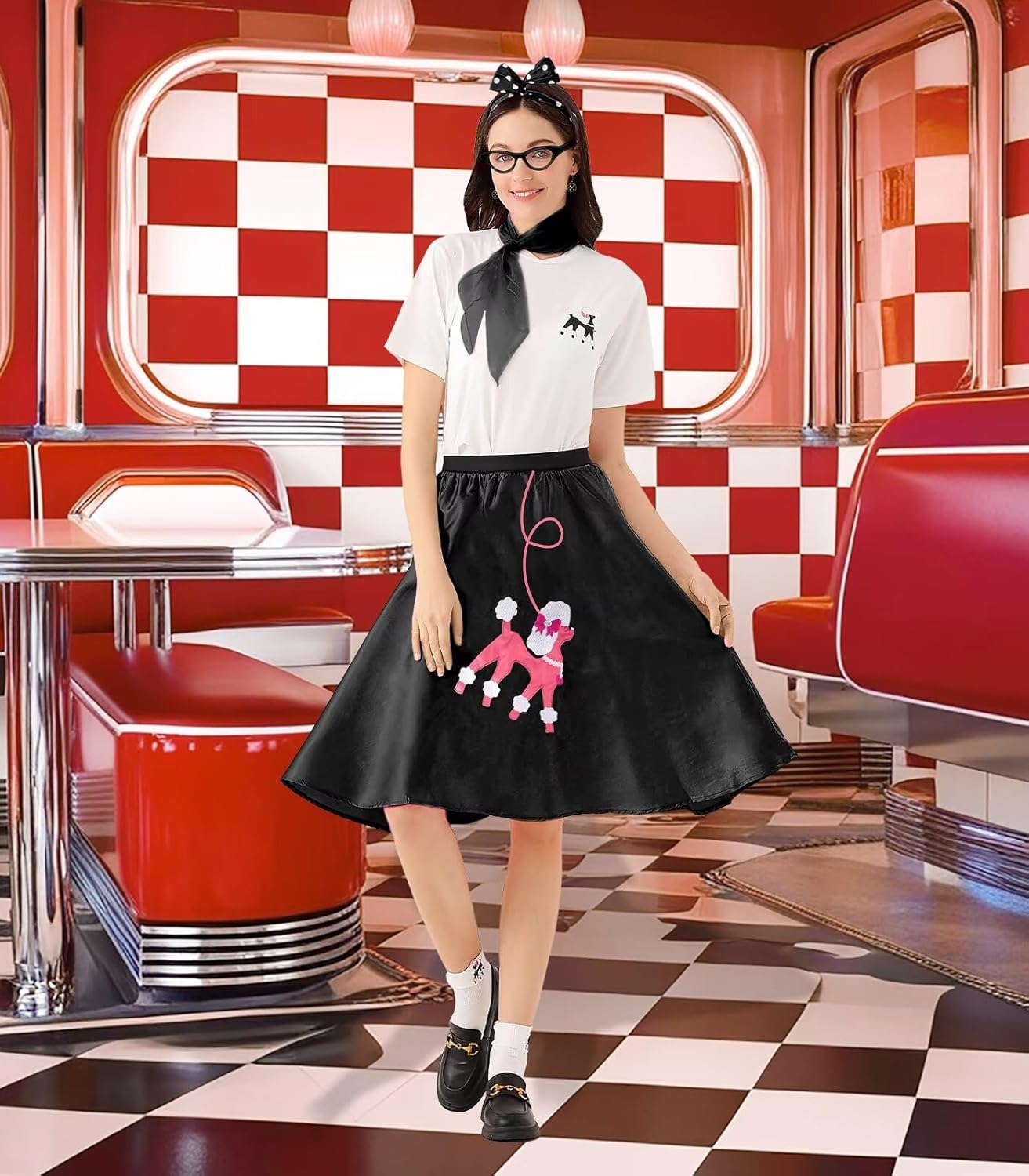 10Pcs Sock Hop Outfits Women, 1950s Poodle Skirts, T-Shirt with 50s Accessories Socks Scarf Headband Belt Earring