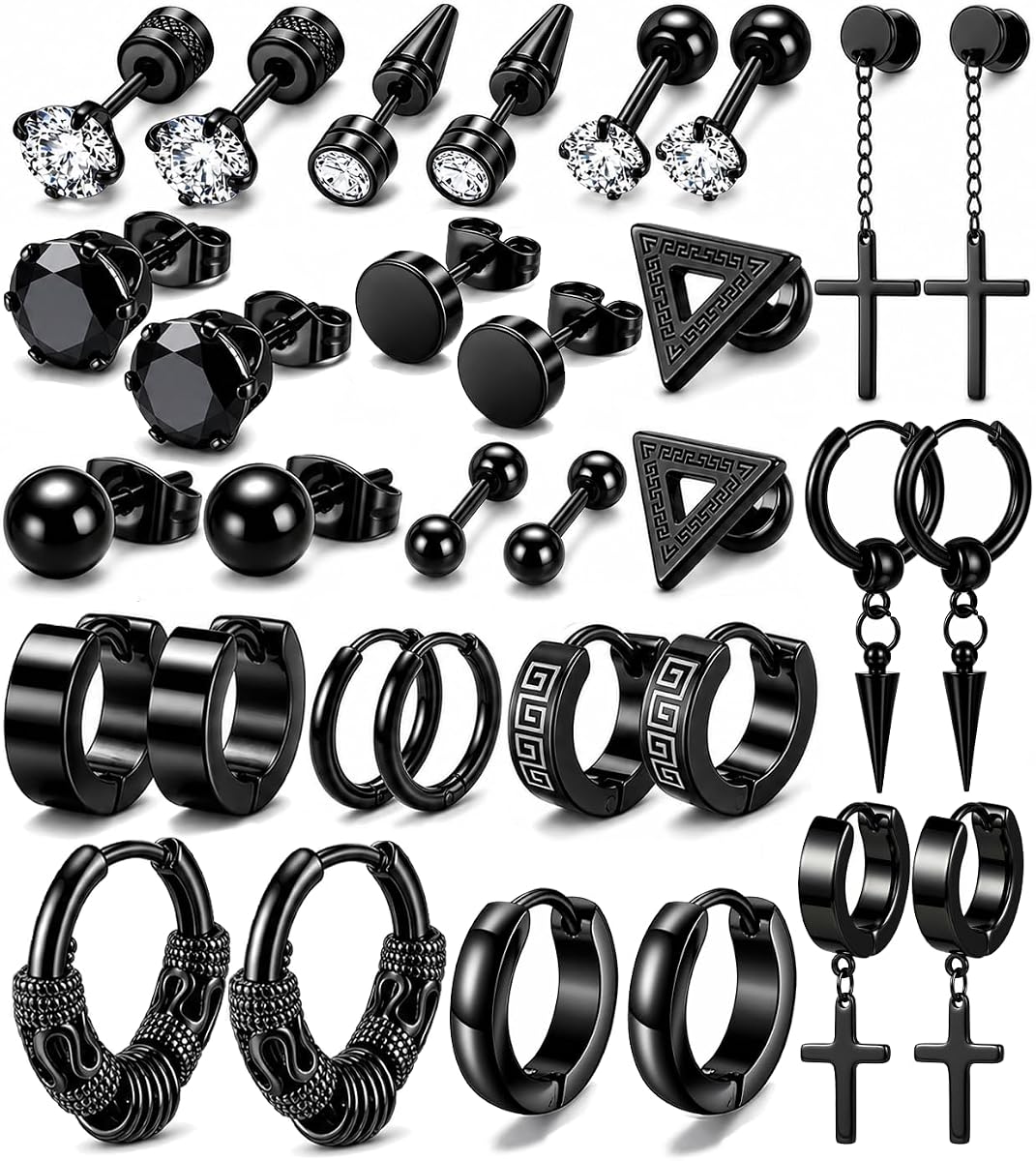16 Pairs Men Earrings Set -Stainless Steel Cross Dangle Hoop & Ear Stud Fashion Piercing Jewelry for Birthdays, Parties & More (Black)