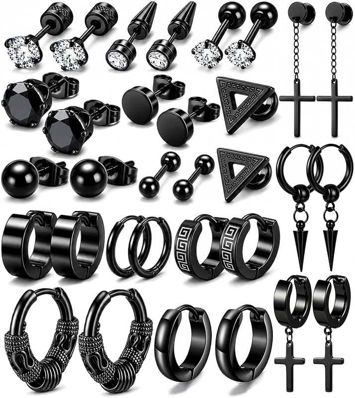 16 Pairs Men Earrings Set -Stainless Steel Cross Dangle Hoop & Ear Stud Fashion Piercing Jewelry for Birthdays, Parties & More (Black)
