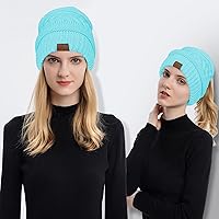 Vista 2 de Rosoz 1&2 Packs Ponytail Beanie for Women,Winter Warm Beanie Tail Soft Stretch Cable Knit Messy High Bun Hat