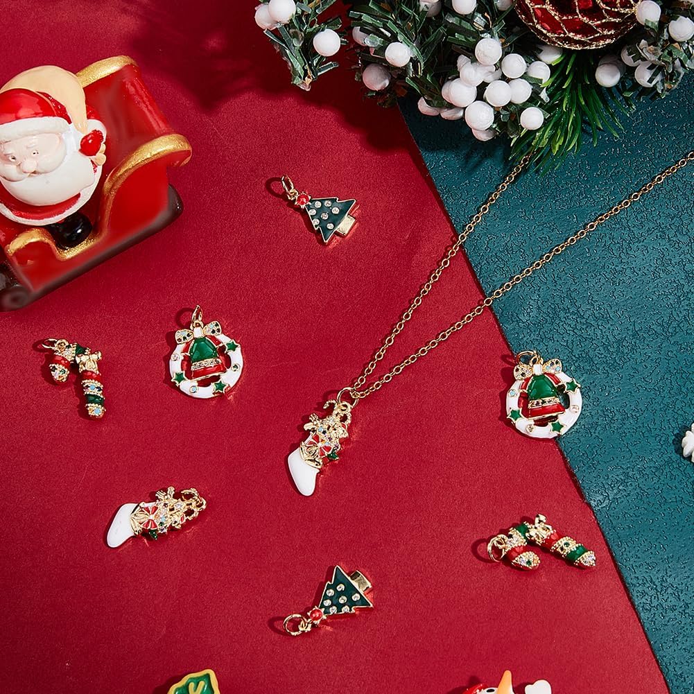 Beebeecraft 1 Box 8Pcs Christmas Ornament Charms Real 18K Gold Plated with Enamel Cubic Zirconia Tree Sock Bell Candy Cane Pendant Charms for Jewelry Making