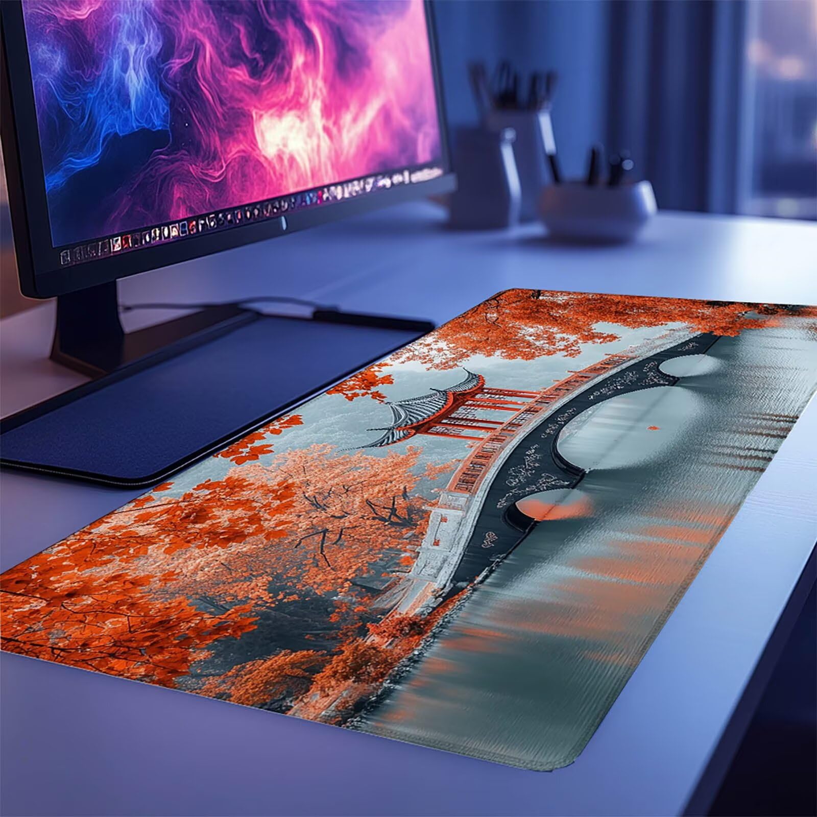 Podkładka pod mysz XXL 1000 x 500 x 3 mm, duża mata na biurko most, antypoślizgowe szyte krawędzie, podkładka pod mysz drzewną kompatybilna z bezprzewodową klawiaturą i mysz bezprzewodową do gier