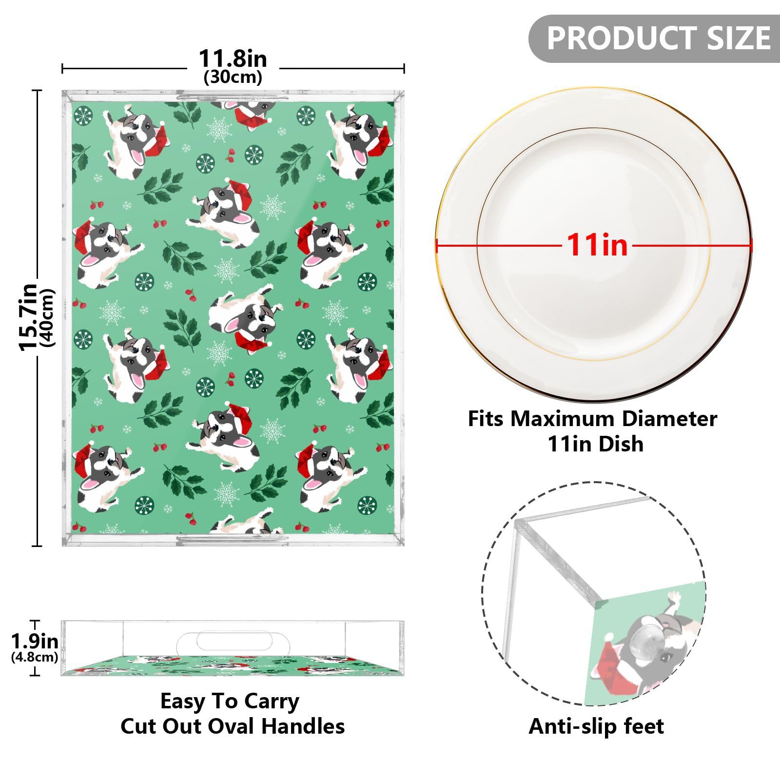 Bandeja acrílica rectangular de acrílico con asas, bandeja de desayuno de 12 x 16 pulgadas, bandeja de desayuno acrílica de Navidad, bulldog francés, blanco, verde, impermeable, transparente