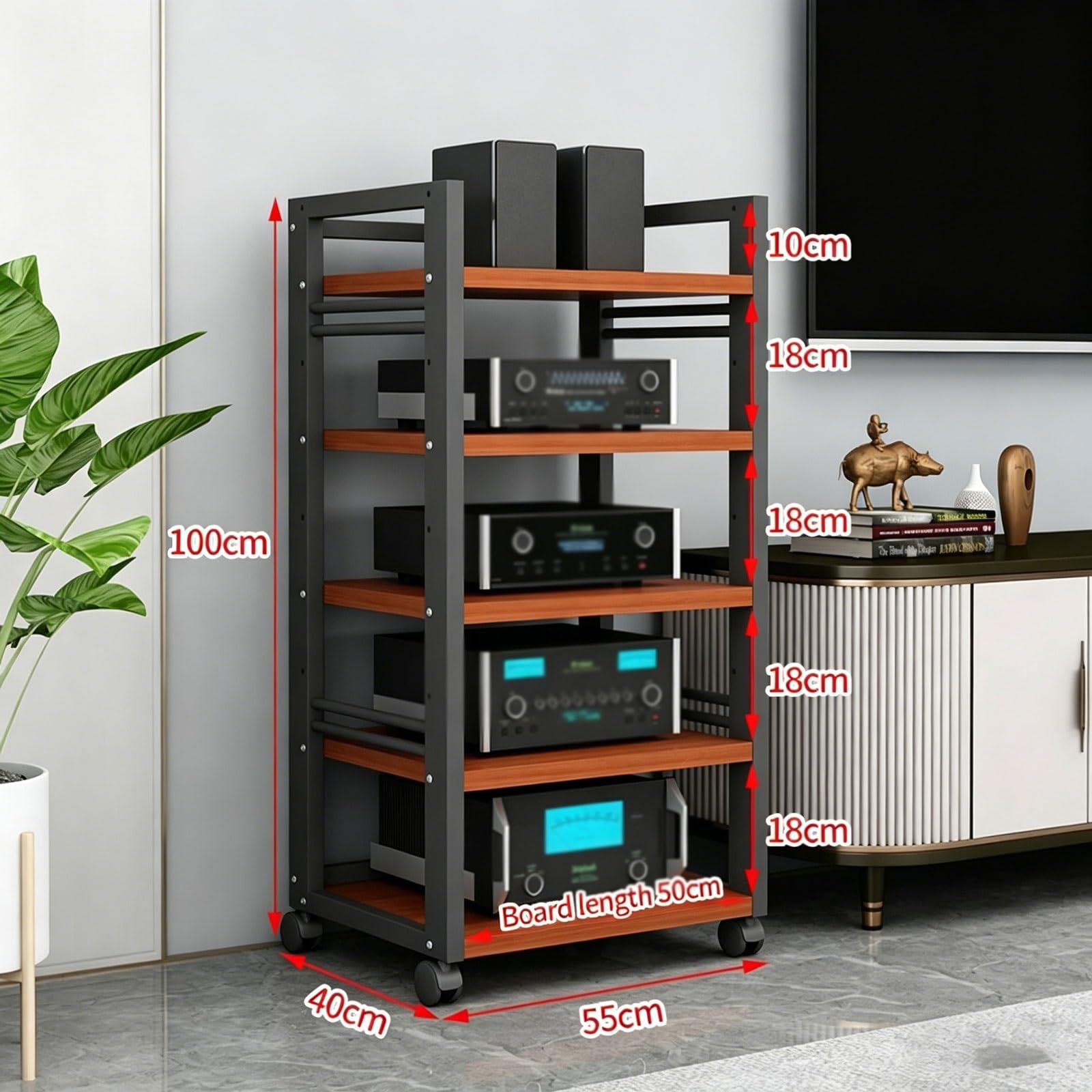 5 Ripiani Media Stand, Scaffale Per Componenti Stereo Di Intrattenimento, Con Ripiano Regolabile In Altezza E Ruote, Supporto Per Giradischi DVD, Per La Casa, L'ufficio(Nero)