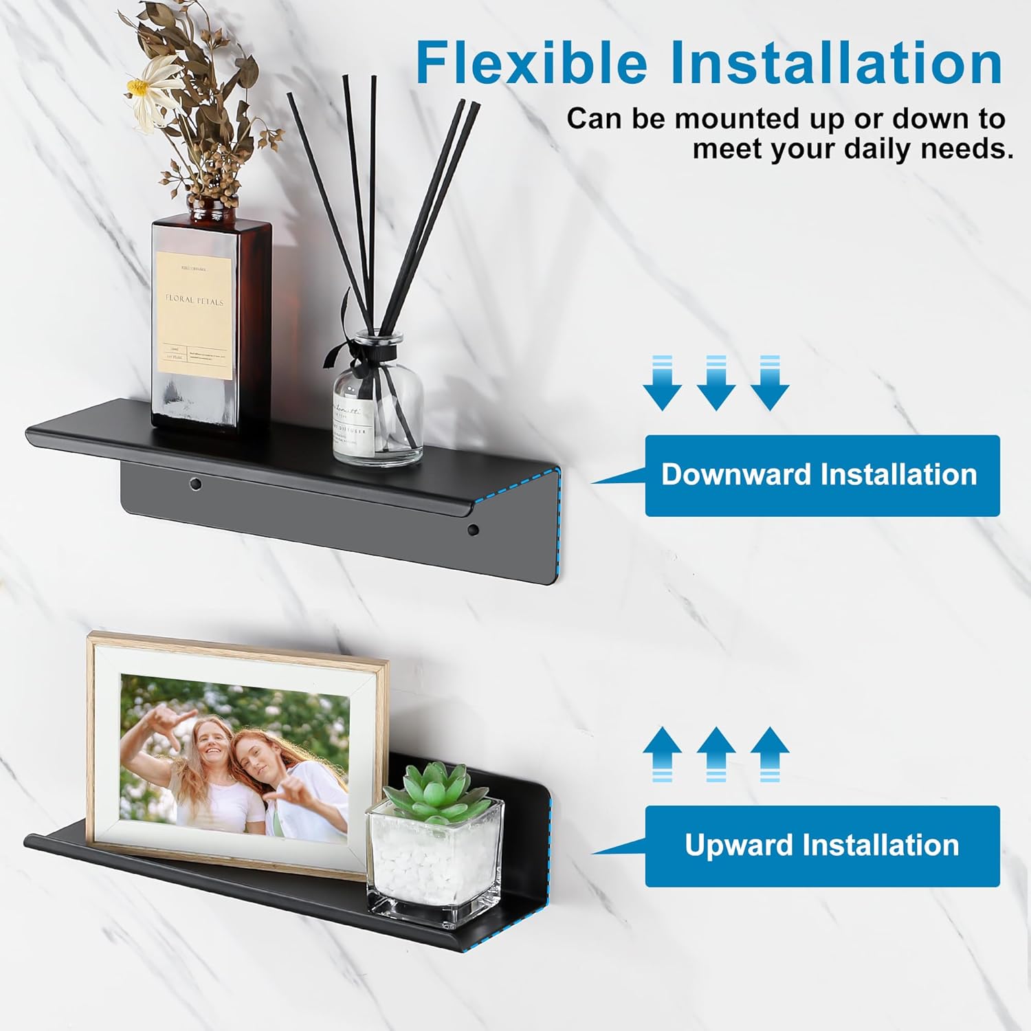 SAYAYO Black Floating Shelves for Wall Storage, 12 Inch Screw or Self Adhesive Wall Shelves for Bedroom Decor, Small Display Bathroom Shelf Organizer for Kitchen, Living Room, Office, 2pcs