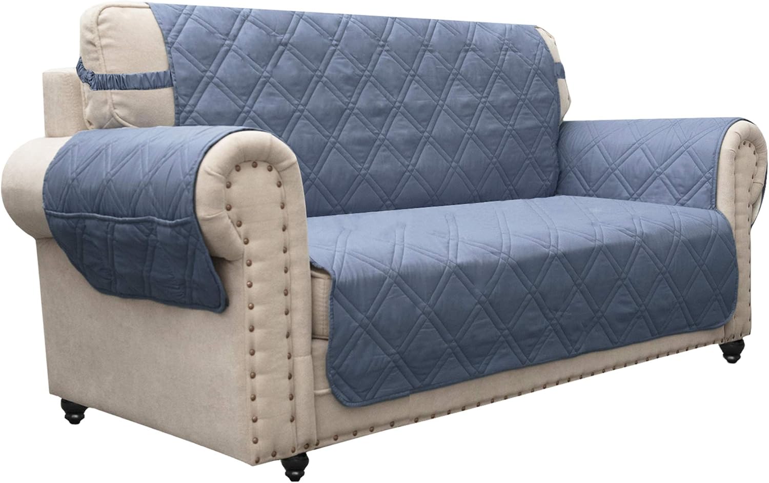 Ameritex Loveseat Cover Water-Resistant Quilted Furniture Protector with Back Nonslip Paws Slipcover for Dogs, Kids, Pets (54"-Oversized Loveseat, Stoneblue)
