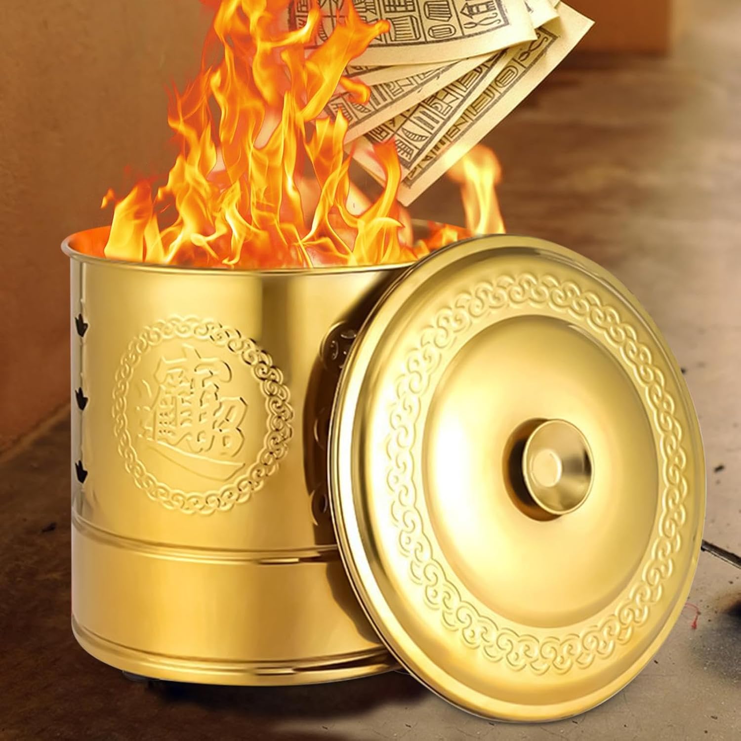 Qoo10] グリーンライフ ステンレス製 落ち葉庭枝焼却器 グリーン ステンレス製紙焼却バケツ 取っ手付き - 取っ手付き伝統的縁起物バレル 廃材木屑落葉紙銭処理用