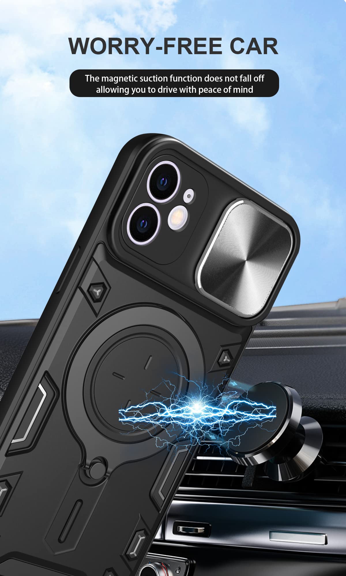 SORAKA Case for iPhone 12 with Ring Holder and Slide Camera Cover iPhone 12 case with Metal Plate for Magnetic Car Mount Rigid PC Cover Soft TPU Bumper Rugged Case Sliver
