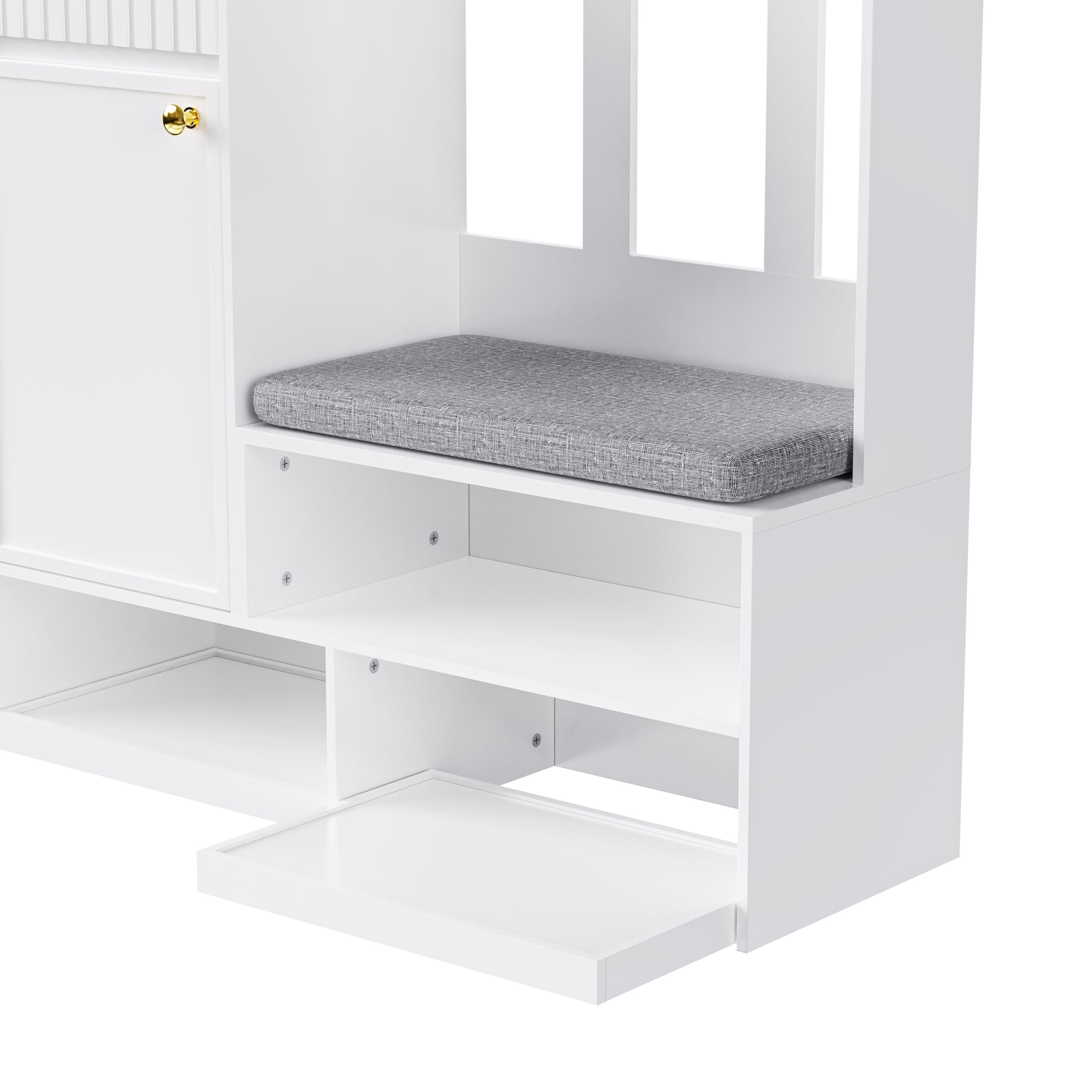 SogesHome Garderobenset mit Sitzbank, 4 Haken, Schubladen, Türen & Lochwand Flurgarderobe Weiß für Eingangsbereich 100 x 180 x 35 cm