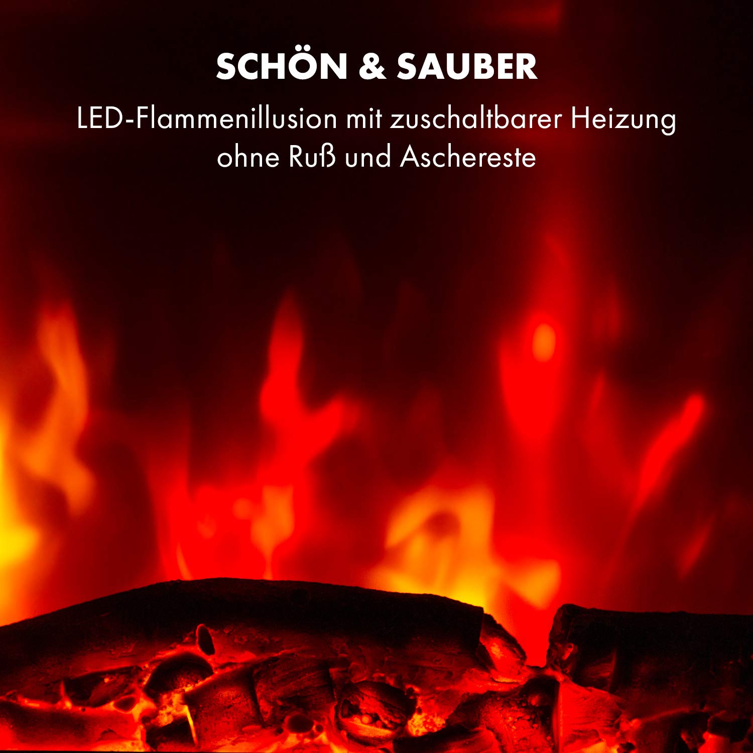 Klarstein Basel Elektrokamin - Heizlüfter mit 1000 oder 2000 Watt Heizleistung, 2 Heizstufen, LED-Flammenillusion in 7 Farben, Thermostat, Stand- oder Wandmontage, Wochentimer, schwarz