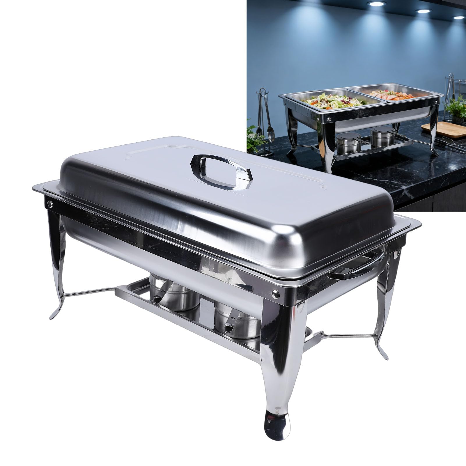 Jenngaoo Chafing Dish Buffet Set con Tapa Cuadrada Servidor de Doble Compartimento Calentador de Alimentos, Marco Plegable para Uso Comercial en Restaurantes y Hoteles