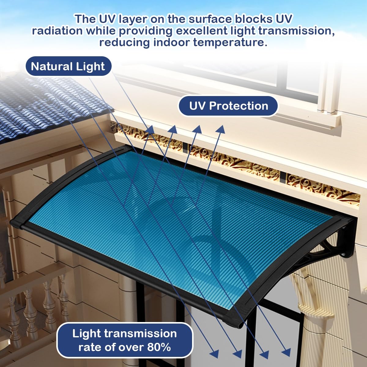 Tettoia per porta da terrazza resistente ai raggi UV, 60 x 120 cm, in policarbonato resistente, per protezione da pioggia e sole, colore: marrone con sistema di drenaggio integrato