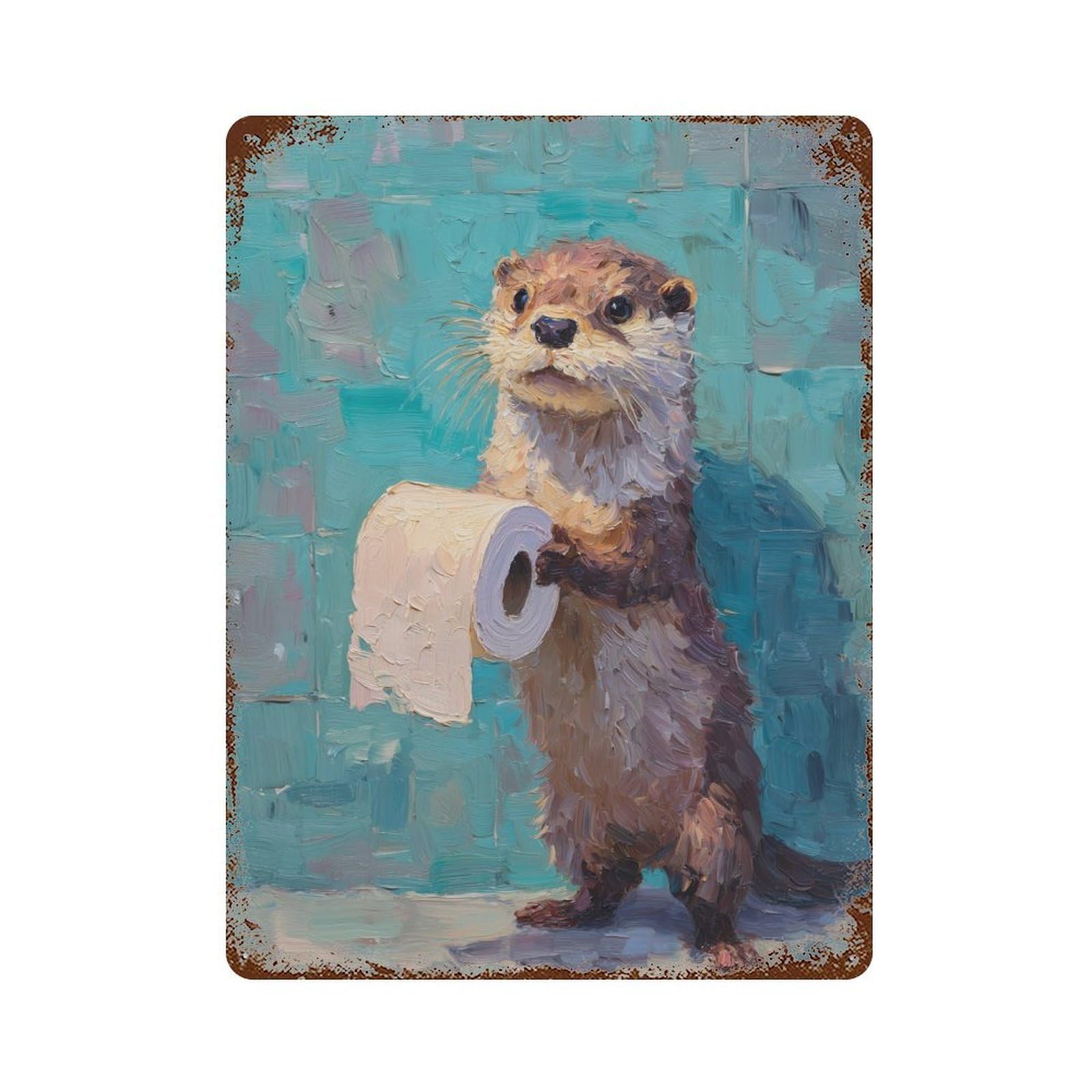 Rust Effect Otter with Toilet Paper Roll Rustic Tin Plaque 15.7"x11.8", Industrial Home Decor for Bistro, Counter And Cafe Decor