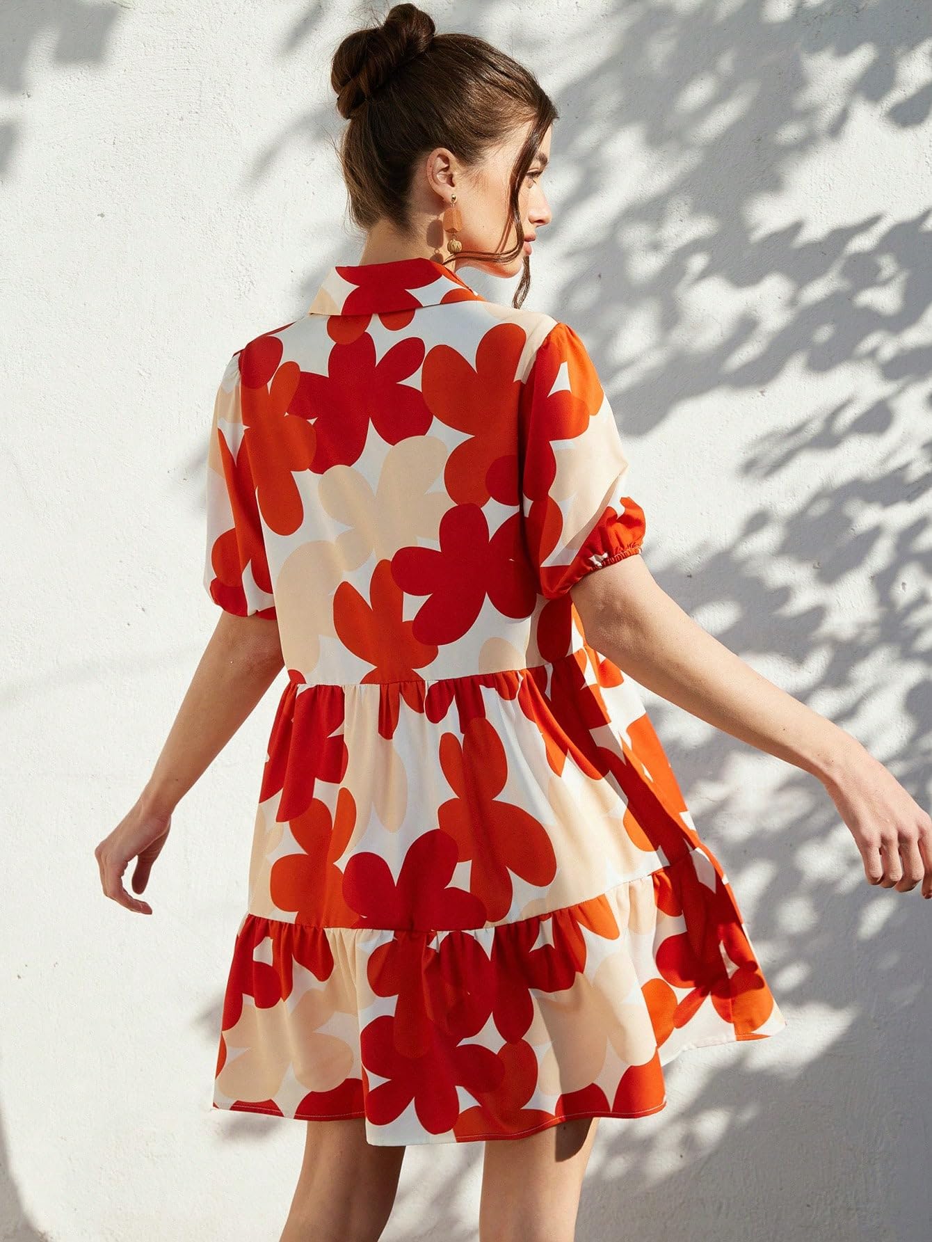 Shasmi Women's Rust Orange Flower Print Short Sleeve Button Front All-Over Printed Dresses, Ruffle Hem Smock Dress For Woman (161 Dress Rust Orange-M)