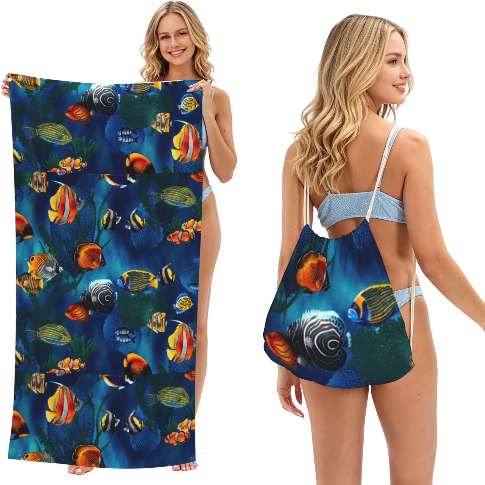 Poadnly As Picture Sea Tropical Fish, 2 In 1 Packable Towel Bag, Beach Towels With Drawstring Backpack For Travel Holiday Camping