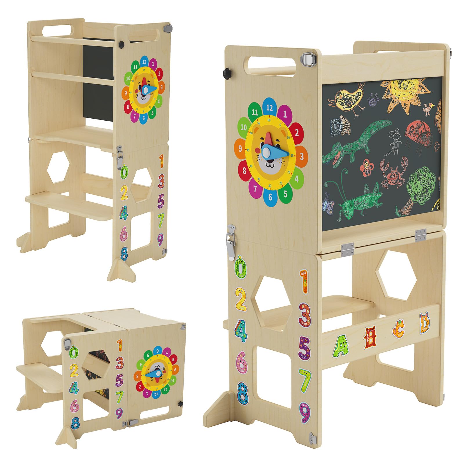 Lovivo Natural Wood Toddler Tower, 4 In 1 Toddler Kitchen Stool Helper, Foldable Kids Tower, Children' Standing Tower, Kids Step Stools With Blackboard And Wooden Learning Clock, Montessori Step Stools For Kids