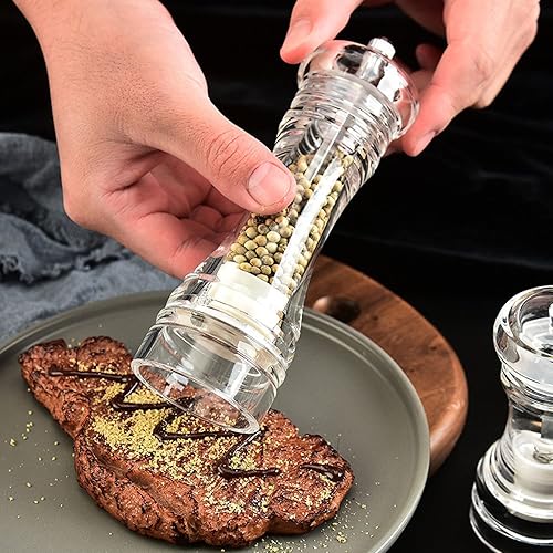 Miniatura 5 de Juego de 2 molinillos de sal y pimienta recargables molinillo de sal acrílica juego de 2 molinillos de sal marina de cerámica ajustable y molinillo