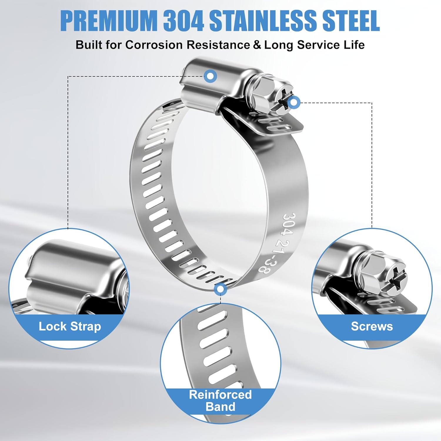 50-Piece 304 Stainless Steel Worm Gear Hose Clamp Assortment 1/4" to 1-1/2" (6–38mm) | Adjustable Pipe Clamps for Plumbing, Automotive, Marine & HVAC | DIY, Home & Garden Use