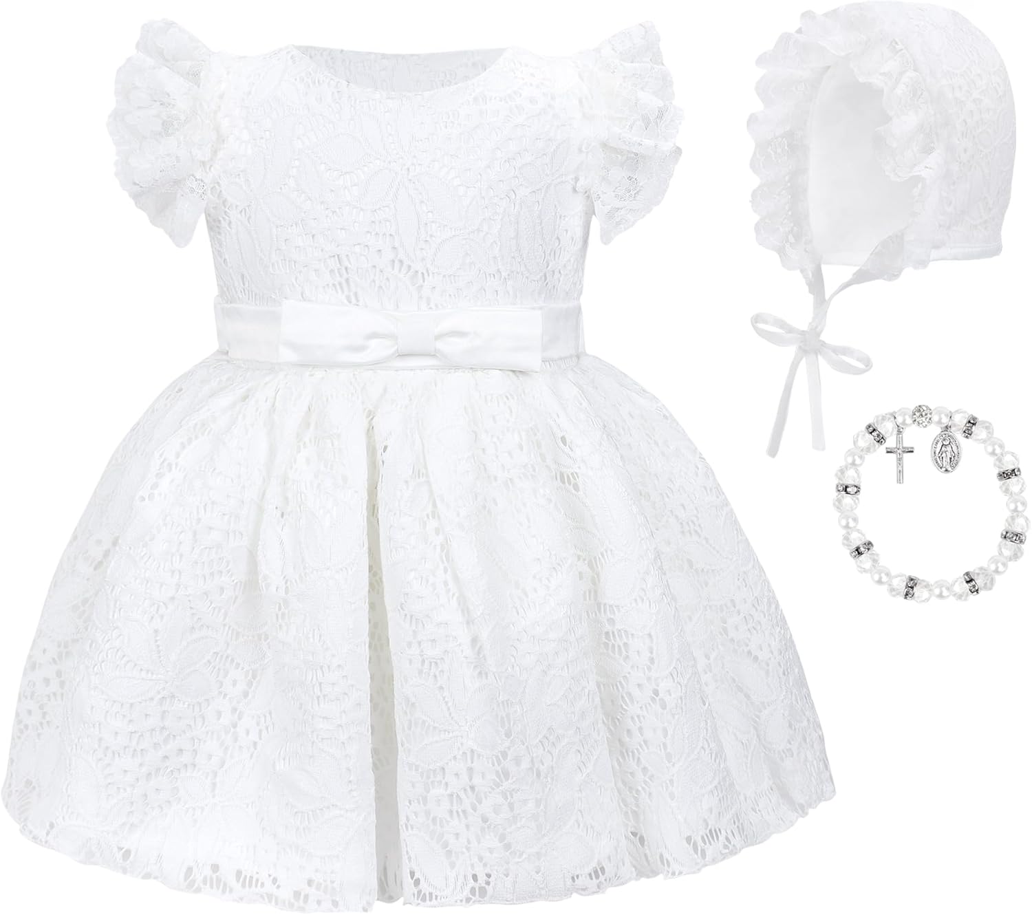3 Pcs Baby Girl Baptism Gown Outfit Includes Lace Christening Dresses Bonnet Cross Charm Bracelet