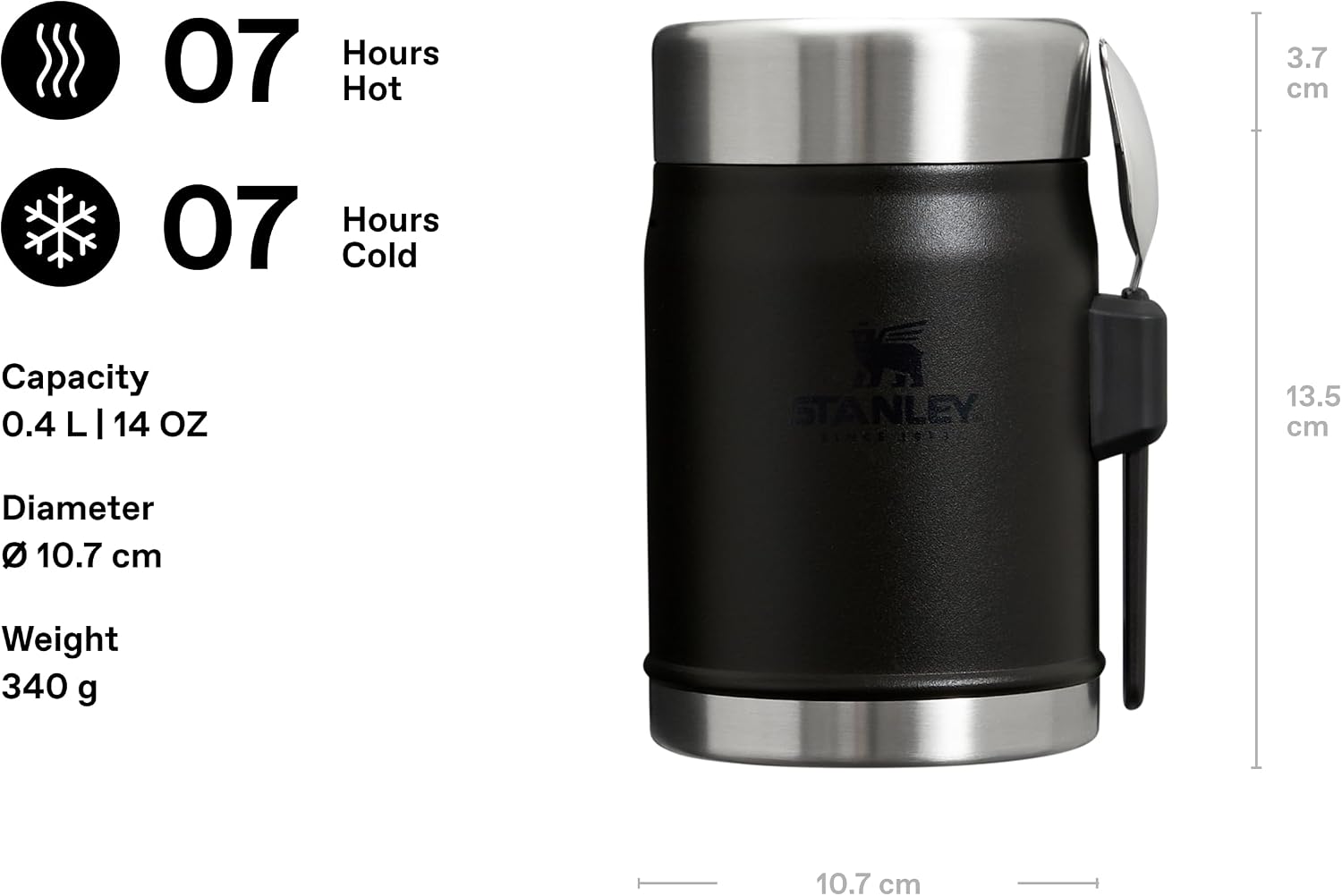 STANLEY Classic Legendary Yemek Termosu + Kaşık 0.4 Litre – Siyah 2.0 | Paslanmaz Çelik