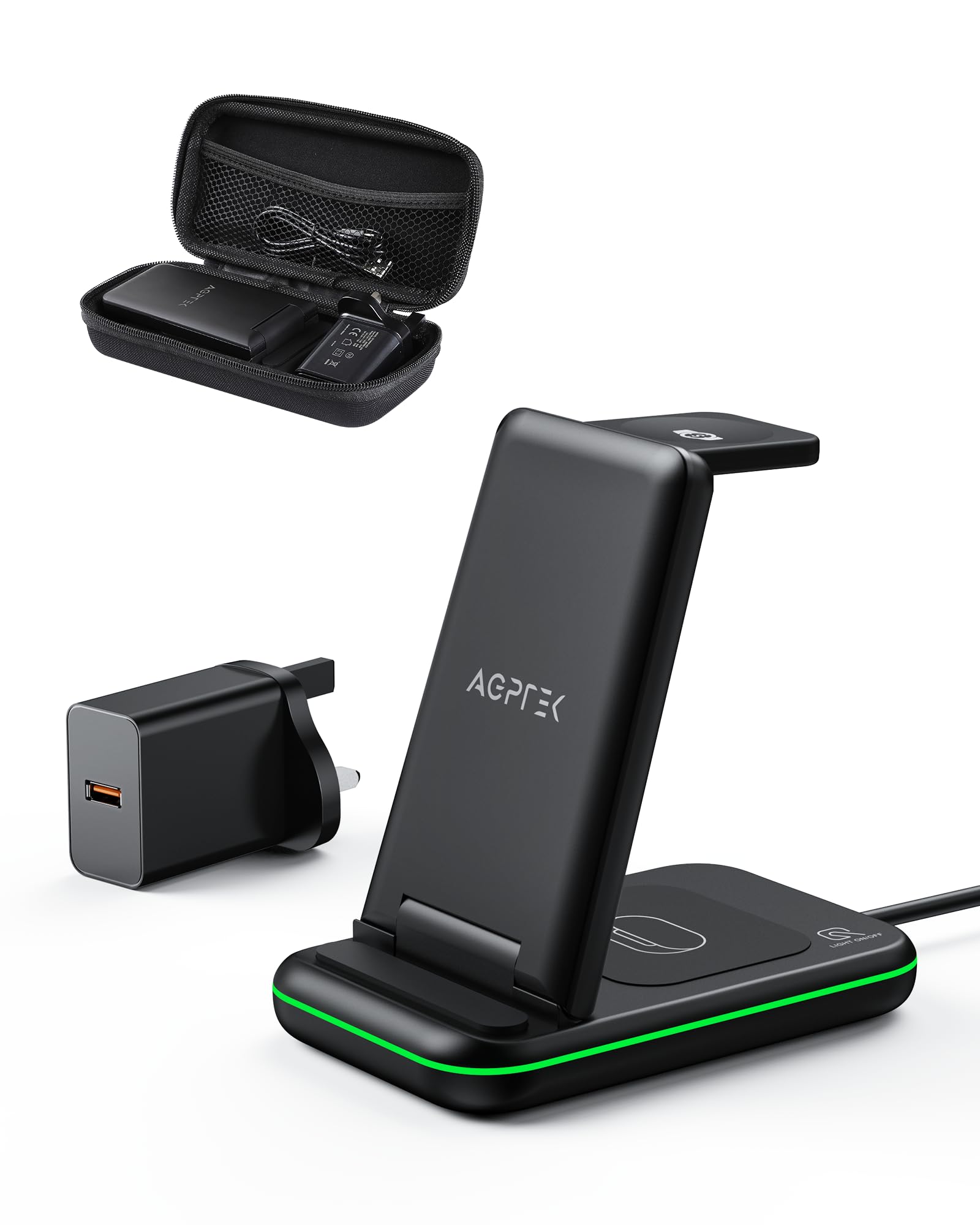 AGPTEK 3 in 1 Wireless Charger for Samsung, Foldable Travel Wireless Charging Station for Samsung Watch 6/5/4/3/2, for Samsung Galaxy S24/S23/S22/S21/S20/Z Flip 5/Galaxy Buds, Carry-Case 18W Adapter