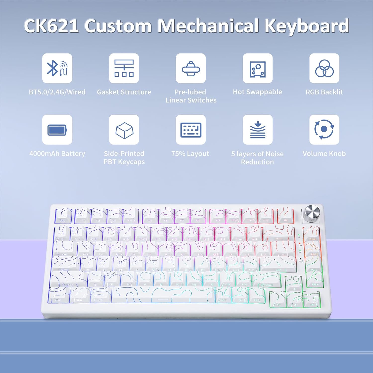 HUO JI 75% Wireless Mechanical Gaming Keyboard, Bluetooth/2.4G/USB Wired, Creamy Sound, RGB Backlit, Hot Swappable Pre-lubed Linear Switches, Volume Knob, Custom Gasket Structure for Win/Mac, White