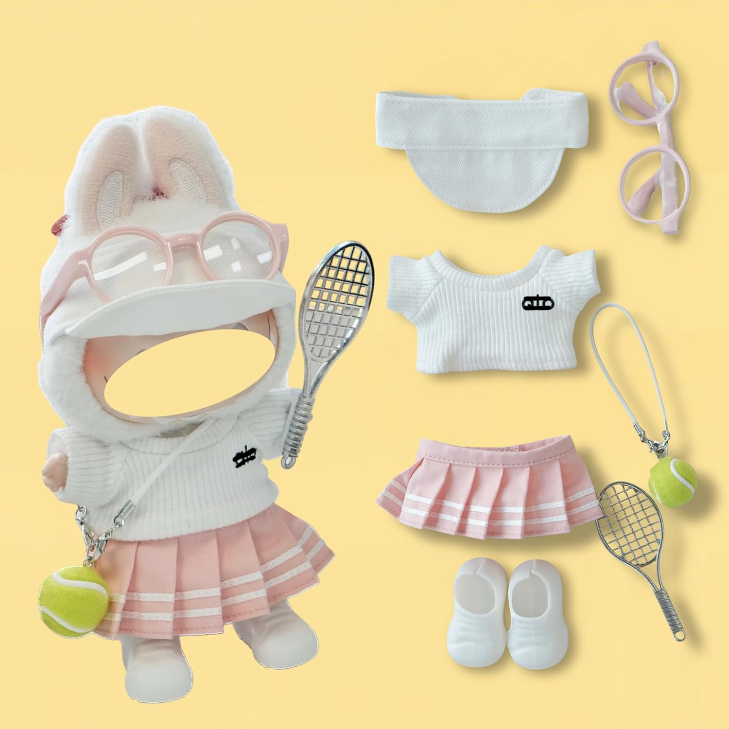 Clothes for 17cm Doll, 7 Pcs Doll's Sports Wear Outfits Gym Clothes Sun Glasses Tennis Ball Hat Skirt Shoes Accessories Luxury Stylish Adorable Dolls Clothes(No Doll) (Tennis Skirt Pink)