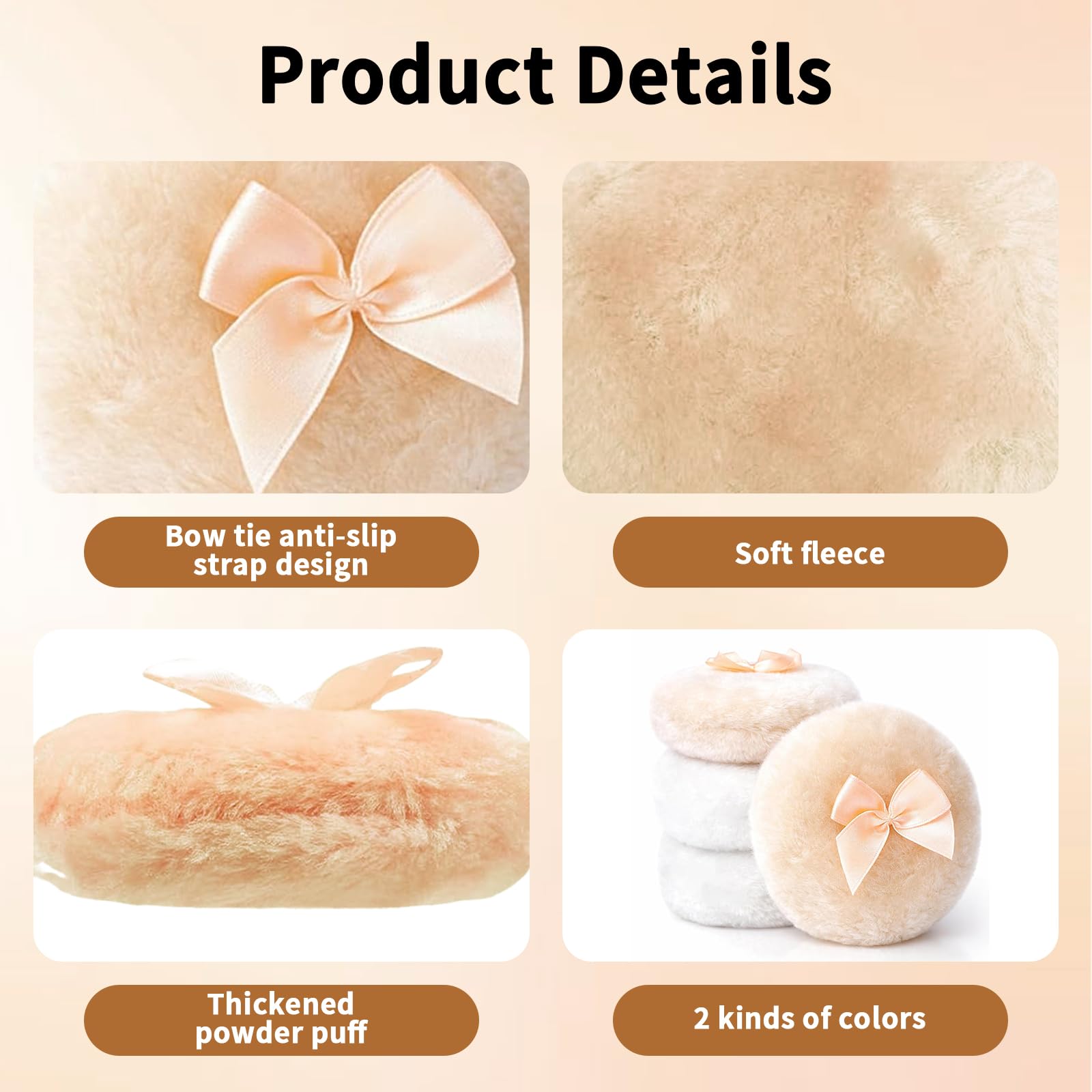 Piumino per Cipria Grande Set 4 Pezzi Piumino per Polvere Corporea Morbido Fluffy Lavabile con Nastro per Trucco Donna Bianco Beige