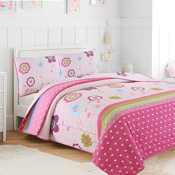 Cozy Line Home Fashions Pink Little Heart Floral Microfiber Reversible Girls Coverlet Bedspread Quilt Set, Bedspread, Coverlet (Flower Garden, Twin - 2 Pieces)