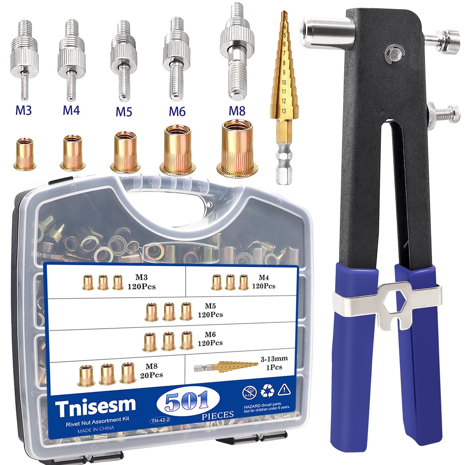 Tnisesm 501Pcs Rivet Nut Tool Kit, Rivnut Tool Kits,Professional Nutsert Tool Kit with Rivet Nuts Assortment Kit(M8/M6/M5/M4/M3) Rivet Nut Tool