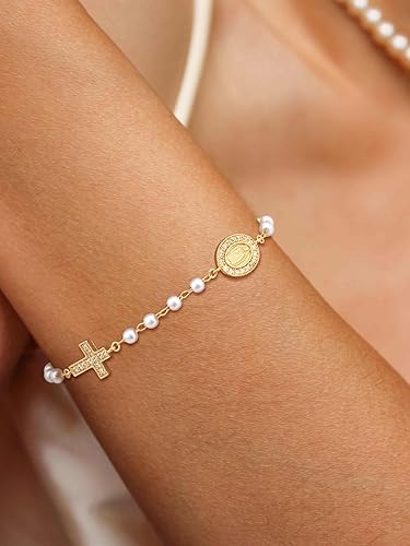 Miniatura 2 de NECOCY Gold Bracelets for Women, Dainty Silver14K Gold Plated Cross Bracelet Stack Pearl Bead Knot Cross Chain Bracelet Trendy Religious Christian