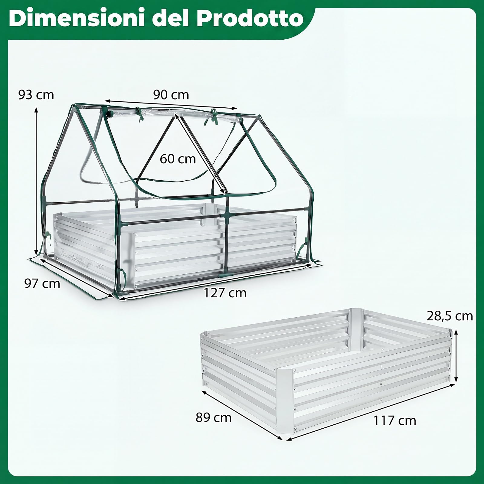 COSTWAY Orto Rialzato con Serra, Base Aperta e Copertura Apribile | Fioriera da Giardino in Metallo Zincato, Letto Rialzato Rettangolare da Giadino, Cortile e Balcone, 127 x 97 x 93 cm