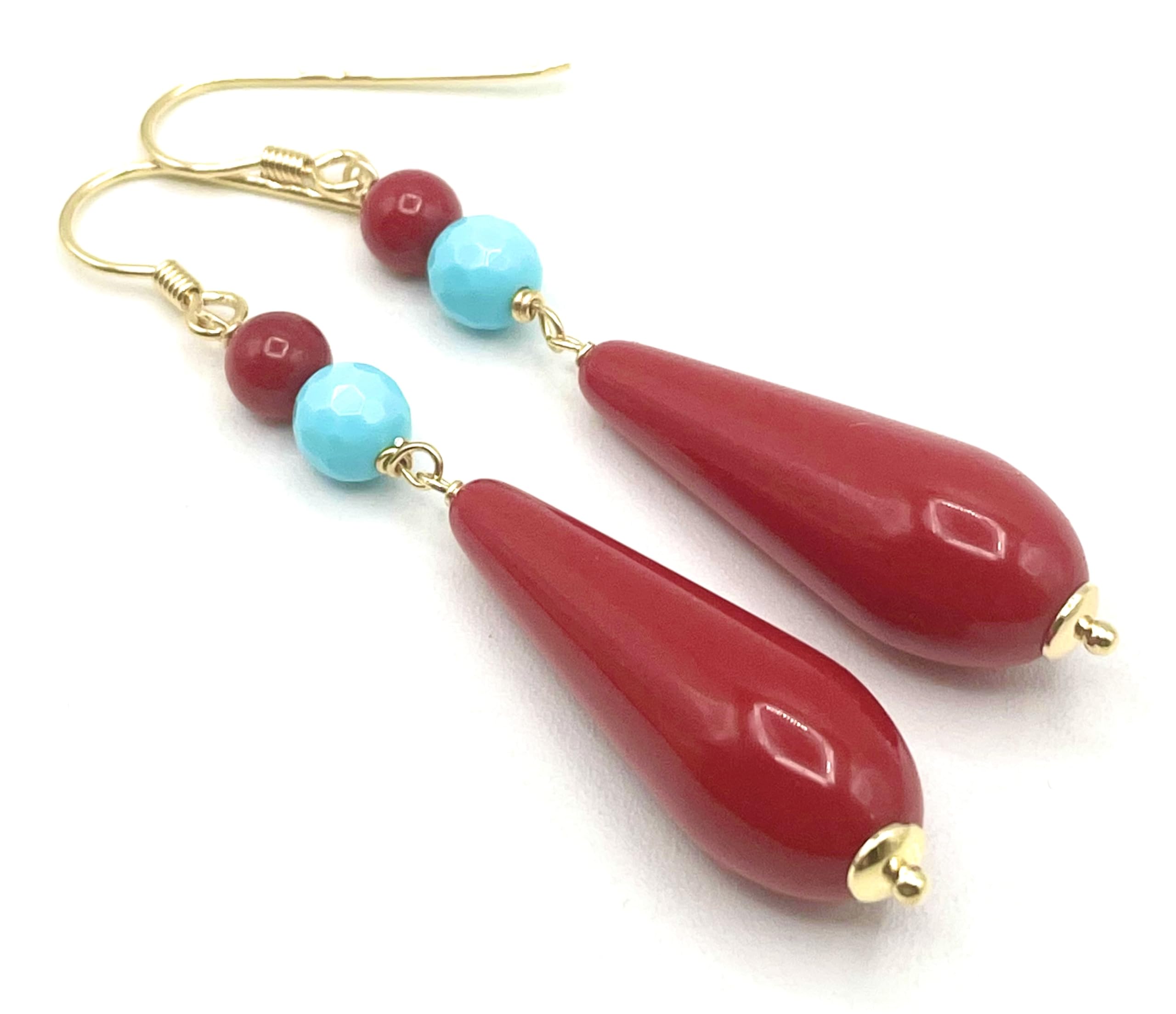 Orecchini con Gocce Rosse Corallo e Turchesi, Pendenti Lunghi, Vermeil Oro 24 K, Gioielli Artigianali, Bijoux Estate, Made in Italy