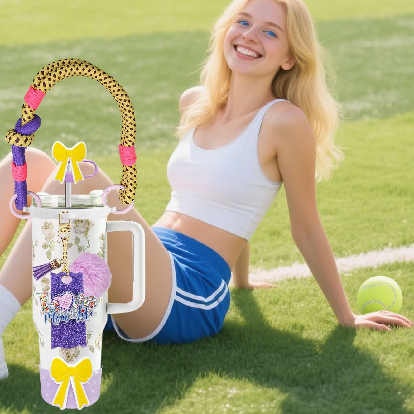 8Pcs Girly Bow Accessories Set for Stanley Cup 20oz30oz40oz, Including Straw Topper, Keychain Charms, Handle Strap, Silicone Boot, Bow Tumbler Lid Topper Compatible with Stanley Tumblers (Purple) - Image 6