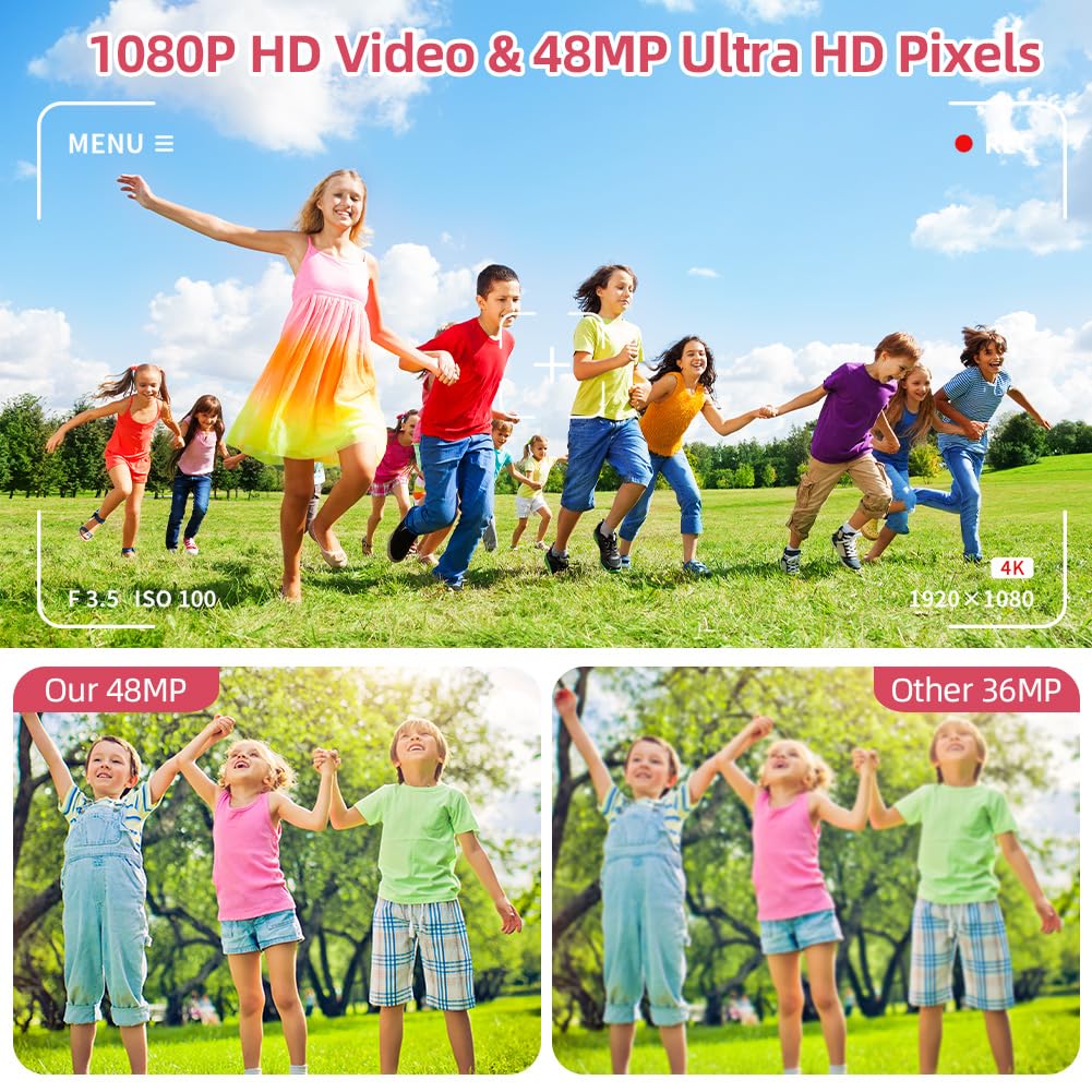 Ainiv Macchina Fotografica, 4K Fotocamera Digitale, 48MP Ricaricabile Macchina Fotografica Compatta con 32G TF Card, 18X Zoom, 2.4" + 1.3" Doppio Schermo per Bambini, Adolescenti e Principianti Rosa