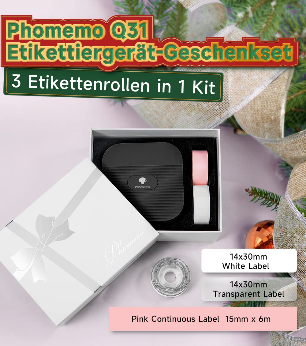 Zestaw upominkowy Q31 drukarka etykiet z 3 rolkami białej/przezroczystych/różowych etykiet, Phomemo Q31 Bluetooth, drukarka etykiet, samoprzylepna, do domu i biura, z 3 rolkami etykiet (czarny)