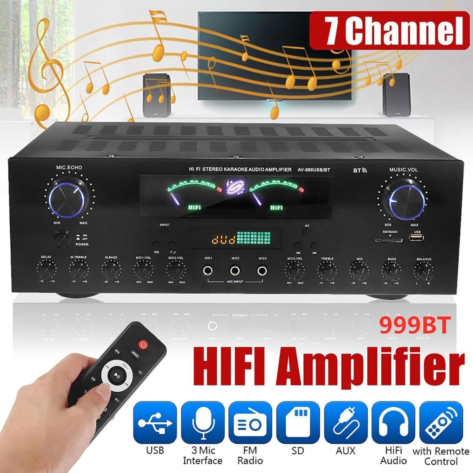 Wzmacniacz Audio Stereo 7 Kanałów, Odbiornik Kina Domowego Bluetooth 5.2 HiFi Z Radiem FM, Wyświetlacz LCD I Pilot, Obsługuje USB SD RCA Do Głośników Karaoke