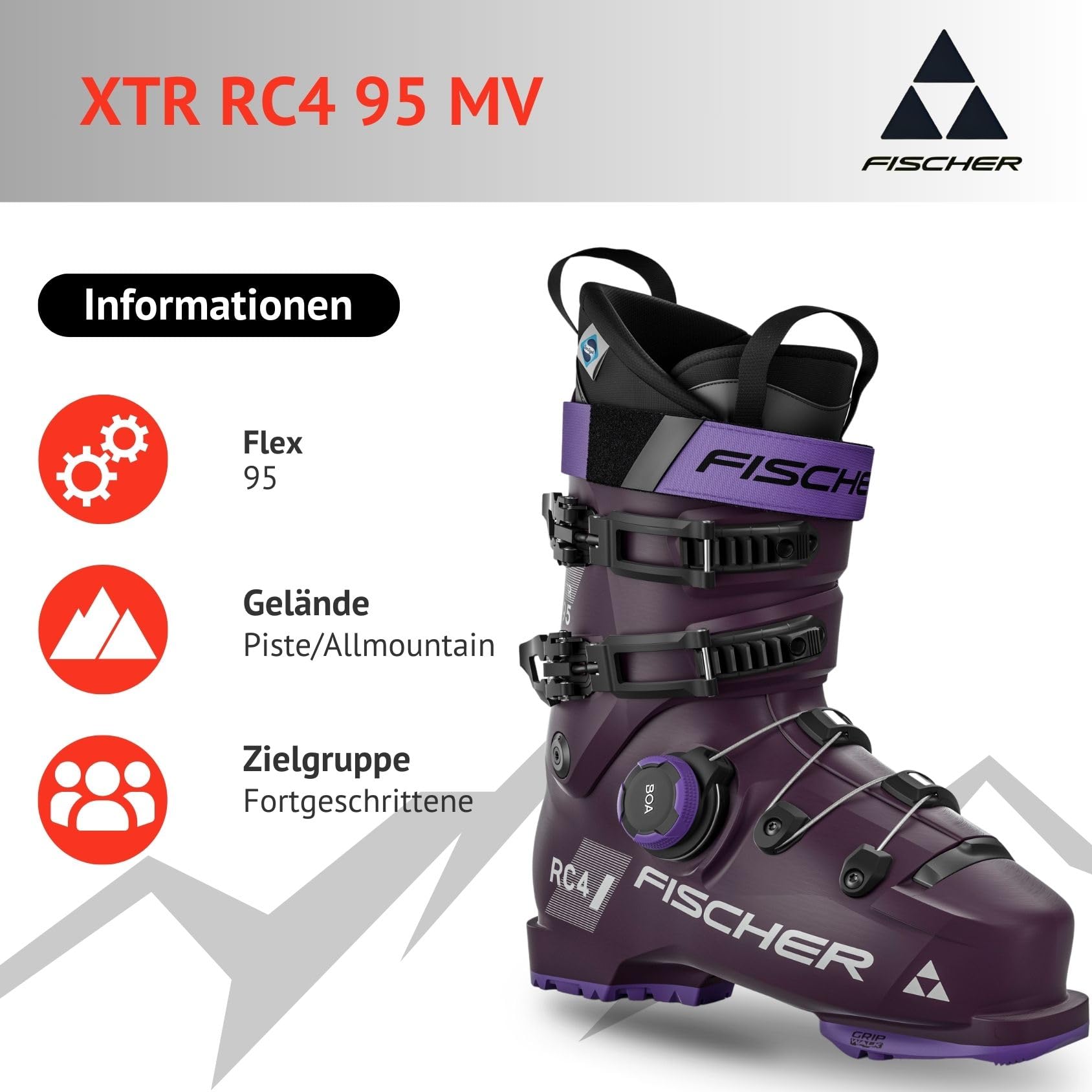 Fischer Damen Skischuhe Skistiefel Alpinskischuhe Alpin-Skistiefel Alpinstiefel für Frauen XTR RC4 95 MV - Flex 95 - GripWalk - Allmountain - für fortgeschrittene Fahrer