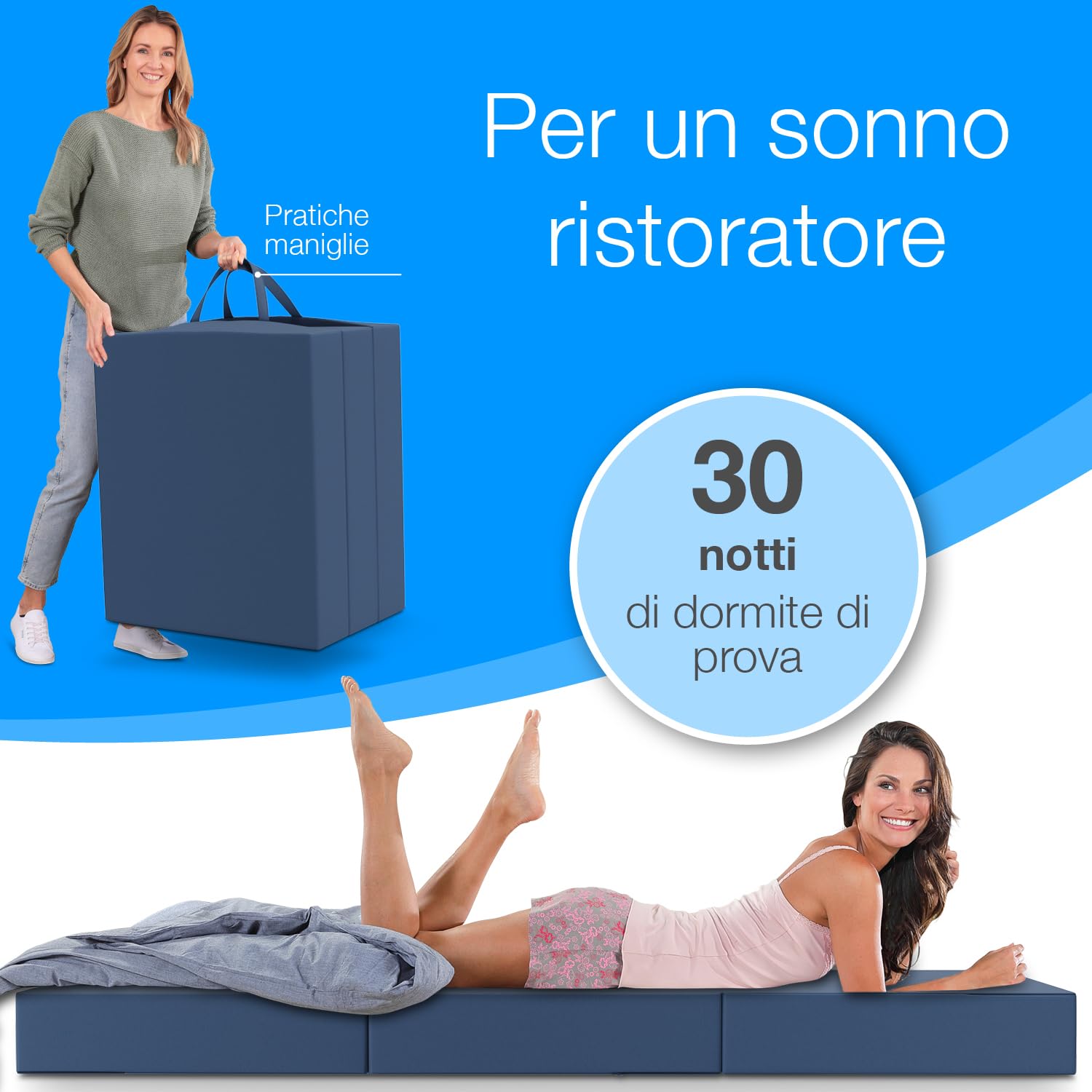 ELONEO materassino pieghevole per ospiti, materasso pieghevole a 3 parti, spugna extra spessa (15cm), lavabile, cubo a disco intervertebrale, adulti (blu, 90 x 200 x 15 cm)