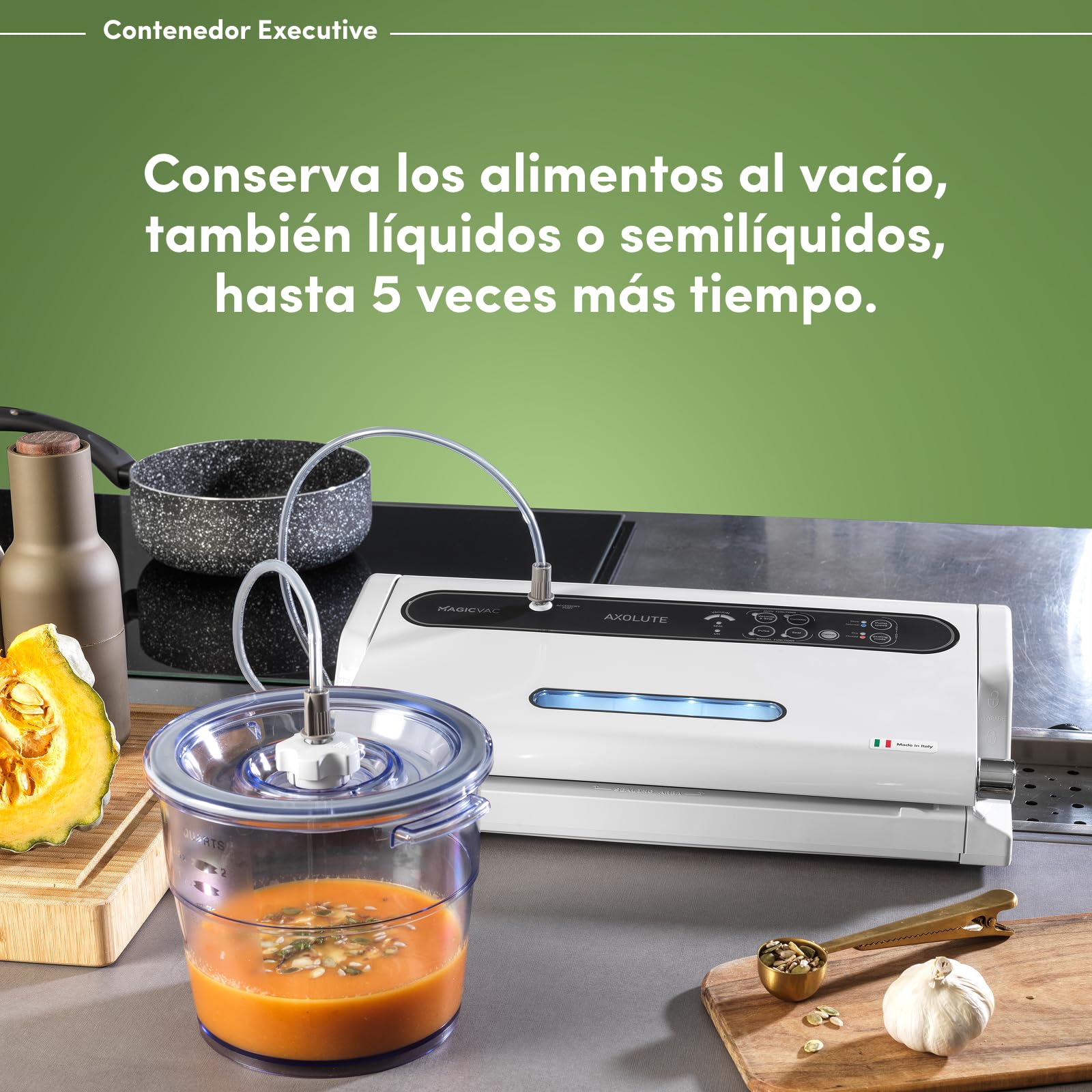 Magic Vac Executive, Recipiente Hermético con Tapa al Vacío para Conservación de Alimentos, Cocción al Vacío y Marinado, Apto para Lavavajillas, Capacidad 4L, Libre de BPA, Made in Italy