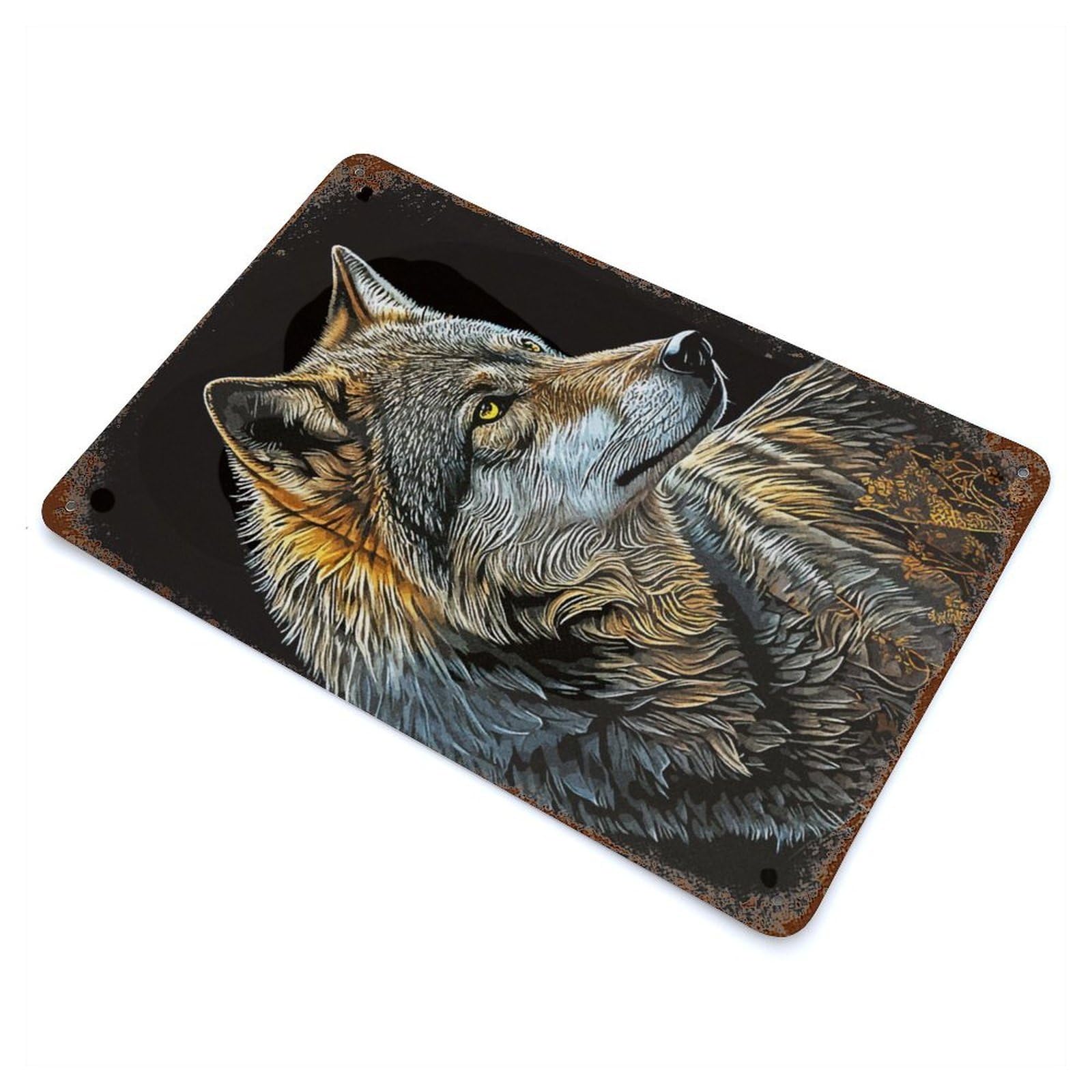 Wolf Vintage Vintage Wall Sign 11.8"x7.9", Rust Effect Metal Decor for Cafe, Home Bar And Lounge Decor