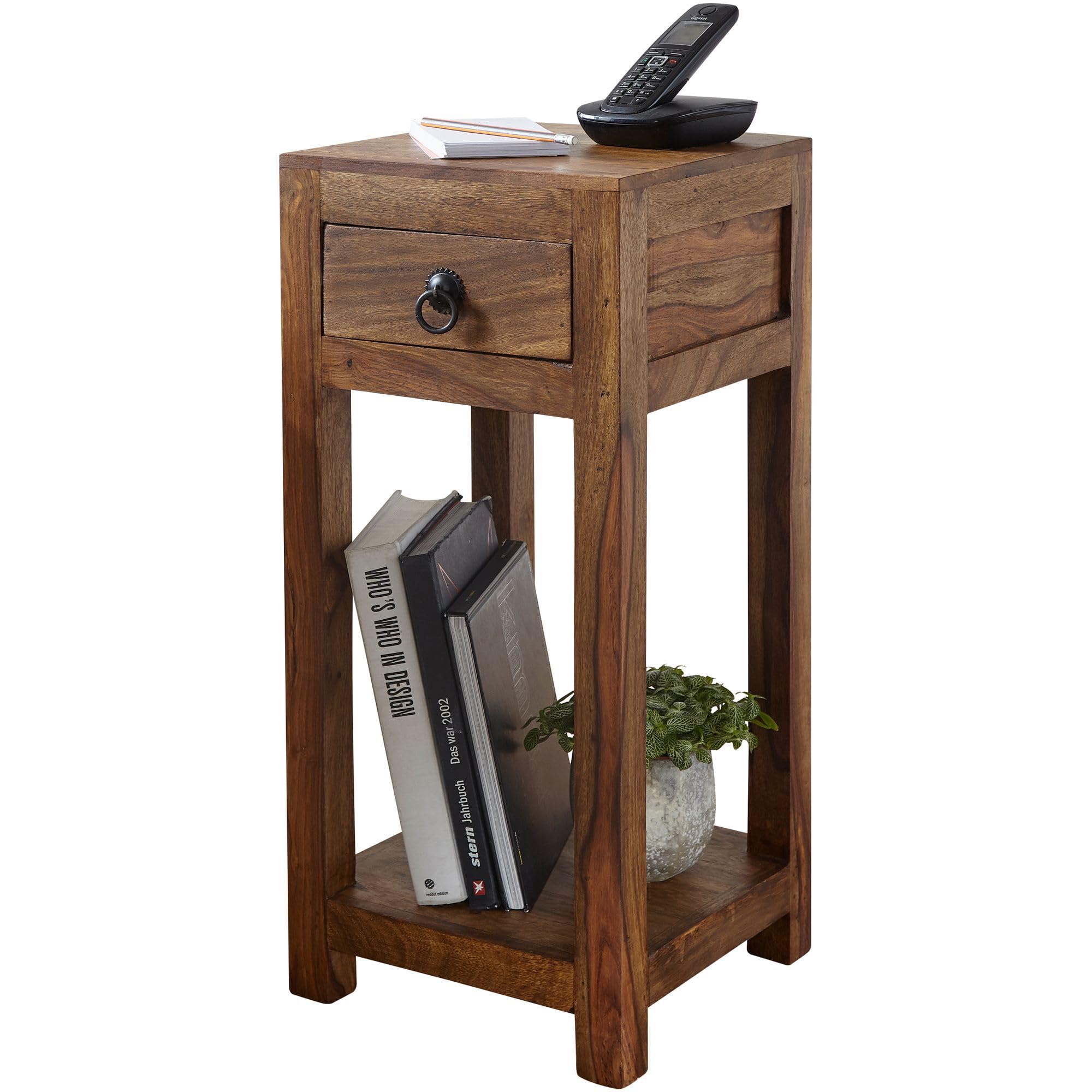 FineBuy Mesa Auxiliar con Cajón 30x30x68 cm Madera Maciza de Sheesham y Metal | Mesa Lateral Cuadrada para Salón | Mesita de Teléfono Pequeña para Sofá | Mesa de teléfono de madera auténtica, estrecha mesa de salón alta, taburete de flores y mesita de noc